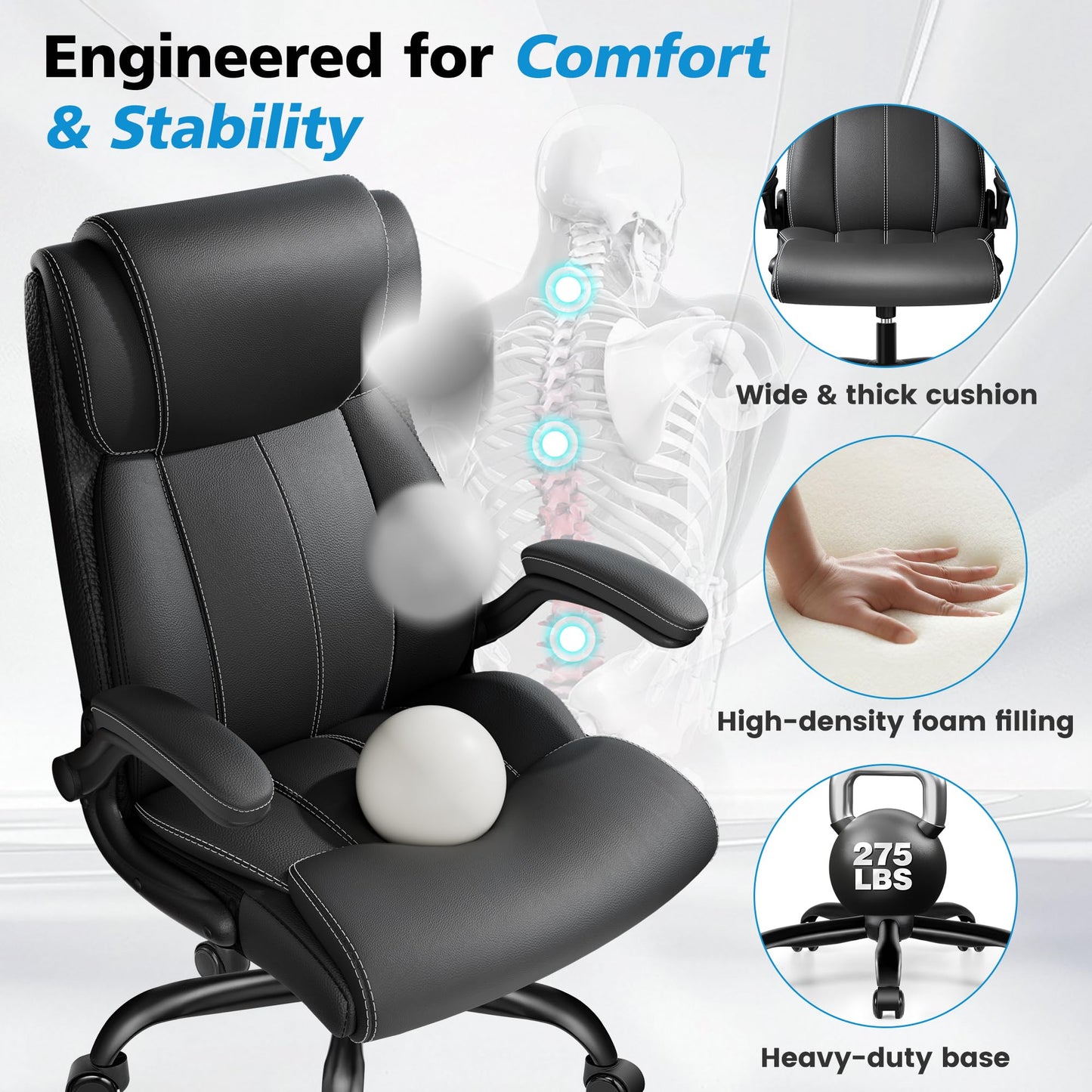 Stella Mia Ergonomic Office Chair – High Back Executive Leather Desk Chair with Inflatable Lumbar Support for Back Pain, Heavy-Duty Computer Desk Chair for Long Workdays, Black