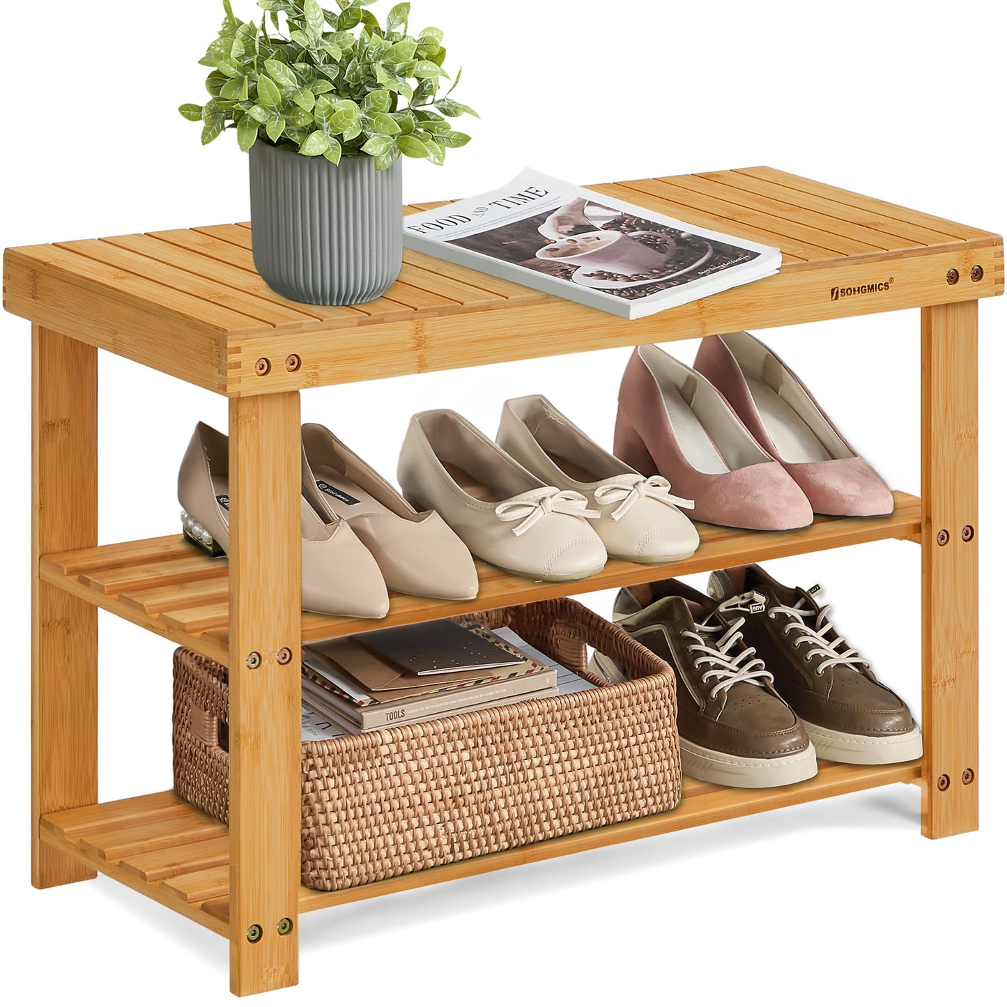 SONGMICS Shoe Rack Bench, 3-Tier Bamboo Shoe Storage Organizer, Entryway Bench, Holds Up to 286 lb, 11.3 x 27.6 x 17.8 Inches, for Entryway Bathroom Bedroom, Natural ULBS04N