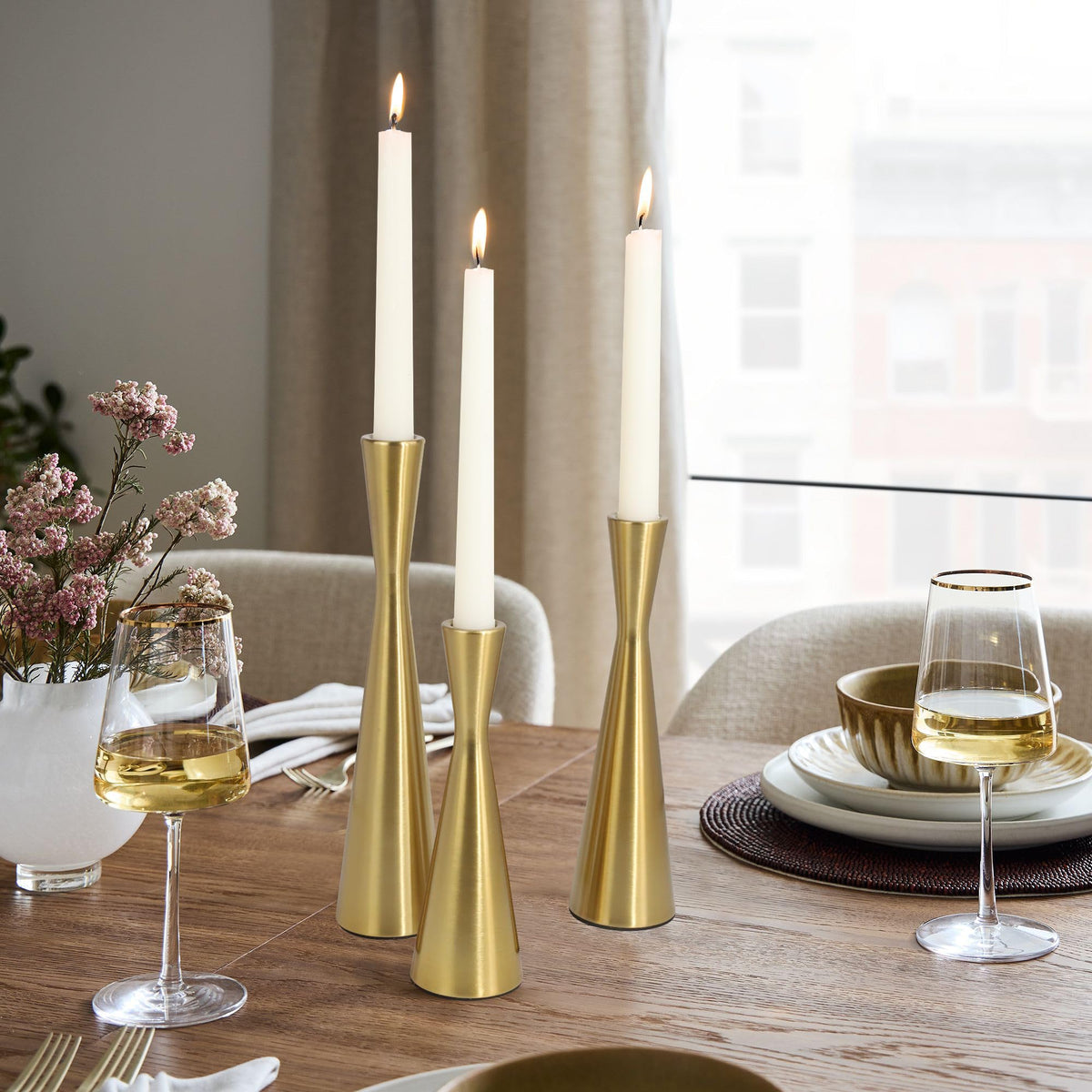 Vixdonos Brass Gold Taper Candle Holders Metal Candlestick Holders Set of 3 Table Mantel Decorative Candle Stand for Dinning,Party，Wedding,Home Decor(Brass Gold)