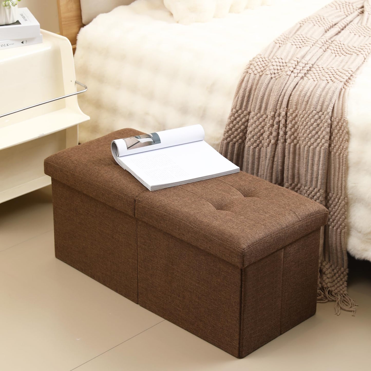 CUYOCA Storage Ottoman Bench Foldable Seat Footrest Shoe Bench End of Bed Storage with Flipping Lid, 75L Storage Space, 30 inches Linen Fabric Brown