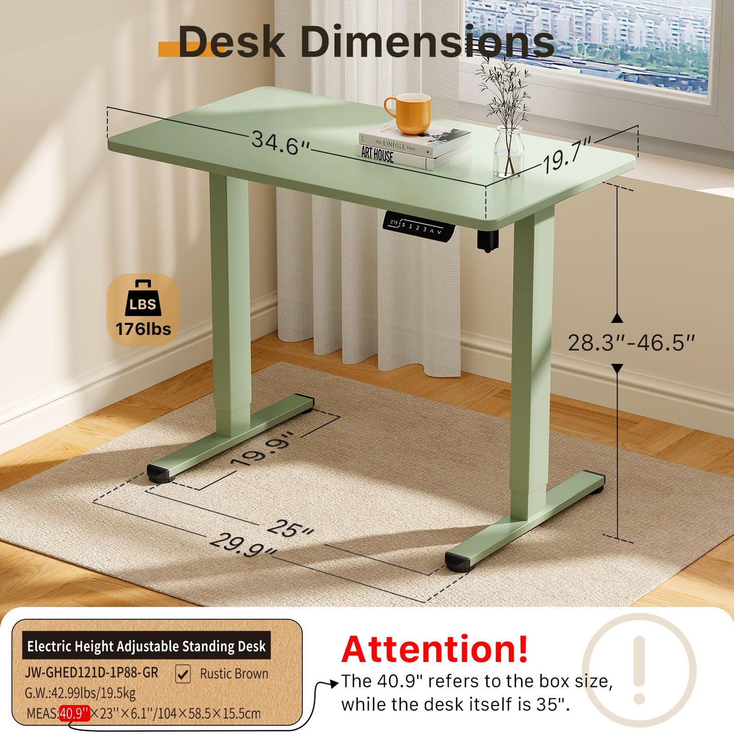 JOY worker Small Electric Standing Desk, 35" x 20" Whole Piece Height Adjustable Desk with Memory Controller, Green Sit to Stand Workstation for Home Office