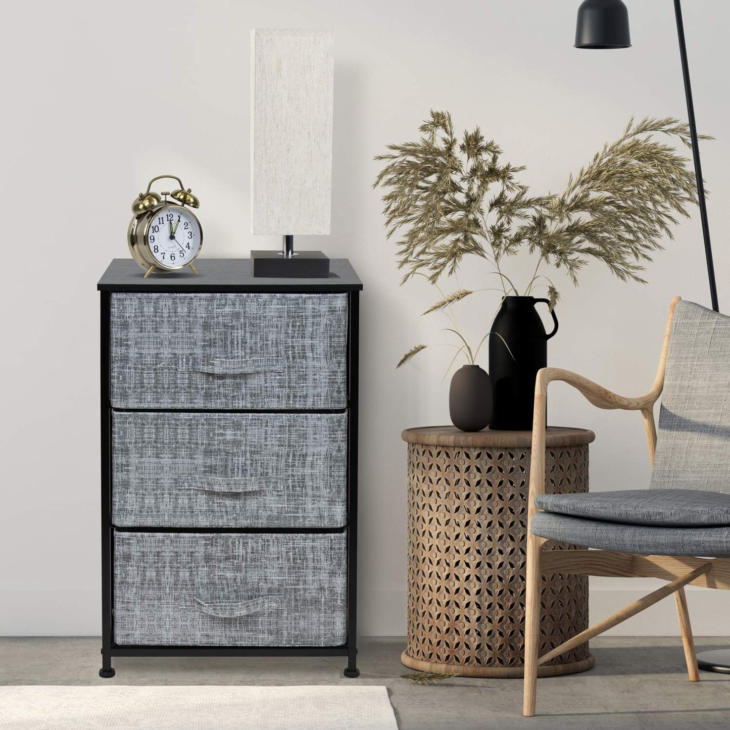 Sorbus Nightstand with 3 Drawers - Bedside Furniture & Night Stand End Table Dresser with Steel Frame, Wood Top, Easy Pull Fabric Bins for Home, Bedroom Accessories, Office & Dorm