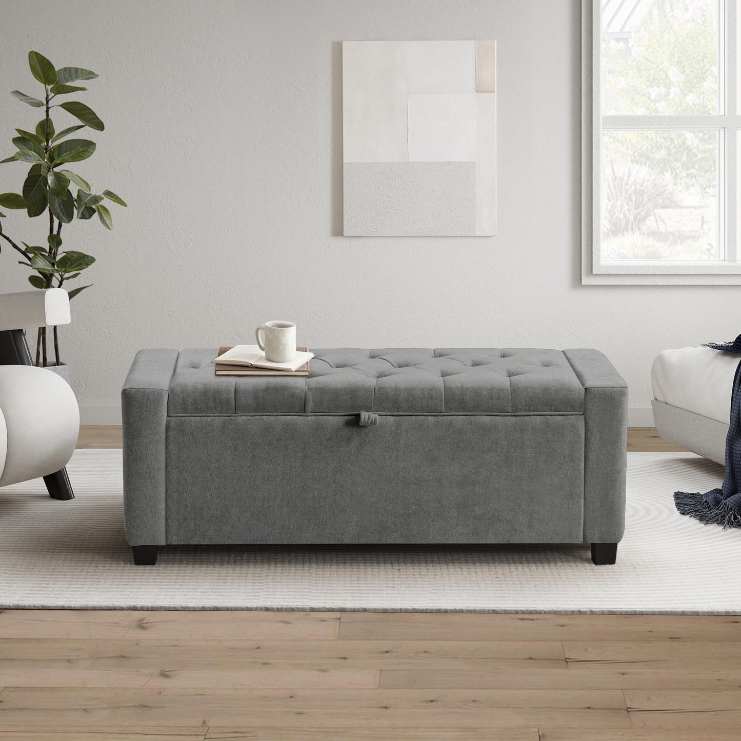 GRAINELL 42.13” Storage Ottoman Bench, Upholstered Tufted Bedroom Bench with Storage, End of Bed Storage Bench for Living Room & Entryway, 350 lb Capacity, Linen Light Gray
