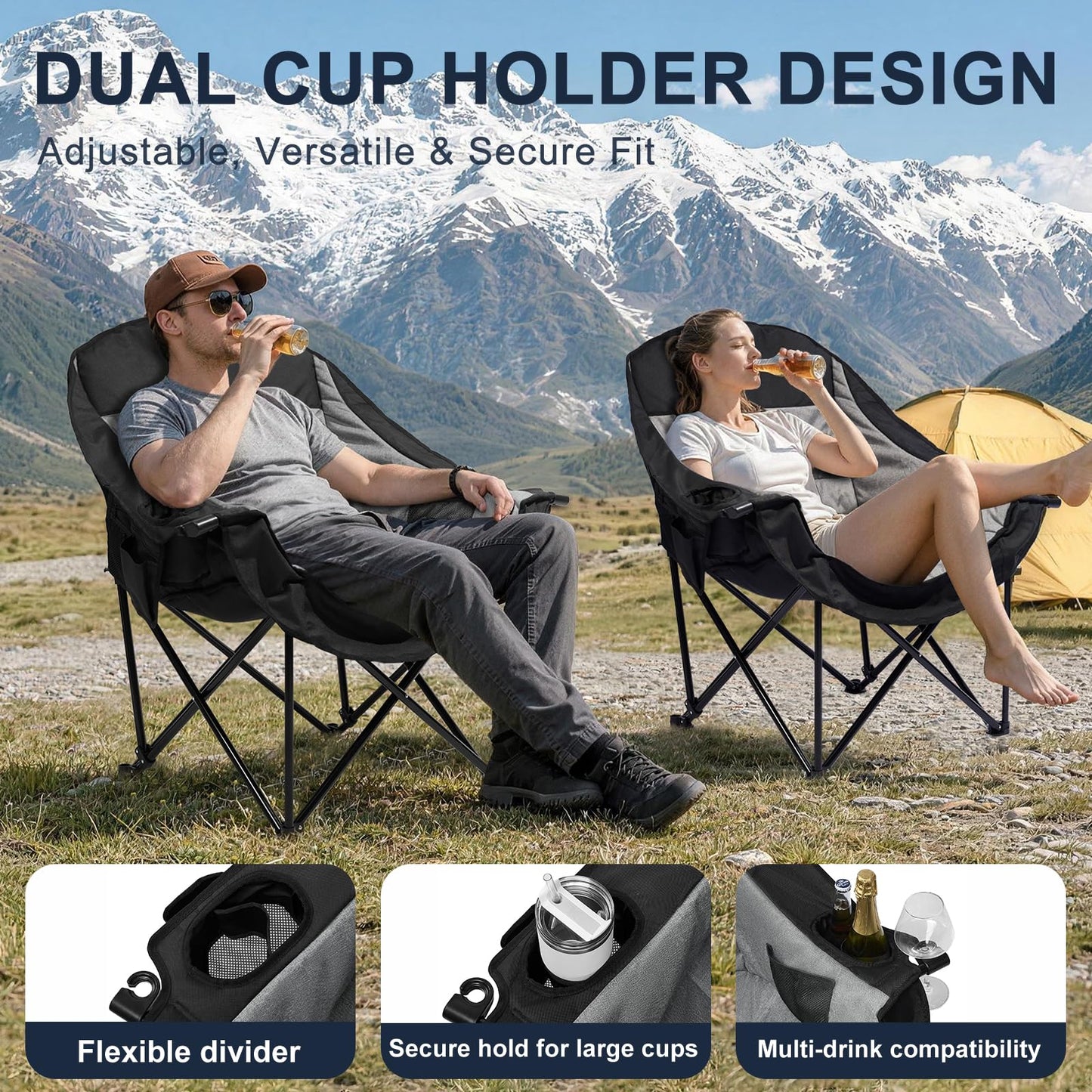 Oversized Camping Chairs for Adult - Heavy Duty Padded Portable Folding Chair XL Collapsible Camp Chair with Cup Holder Side Pocket for Outdoor Lawn Beach Sport Fishing Support 500LBS, Grey 2 Pack