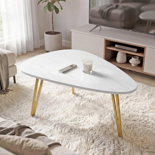 MWOOD Triangle Coffee Table, 33.5″‌Mordern Center Table with Marble-Patterned Top&Golden Leg Waterproof Dining Table for Living Room, Apartment(White&Gold)