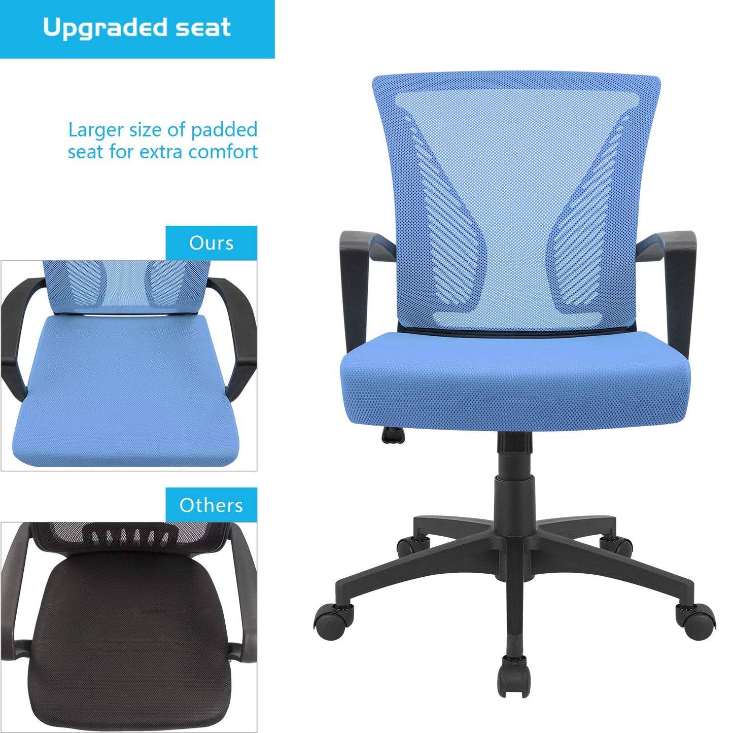 Furmax Office Chair Ergonomic Computer Desk Mesh Chair Mid Back Swivel Lumbar Support with Armrest (1, Blue)