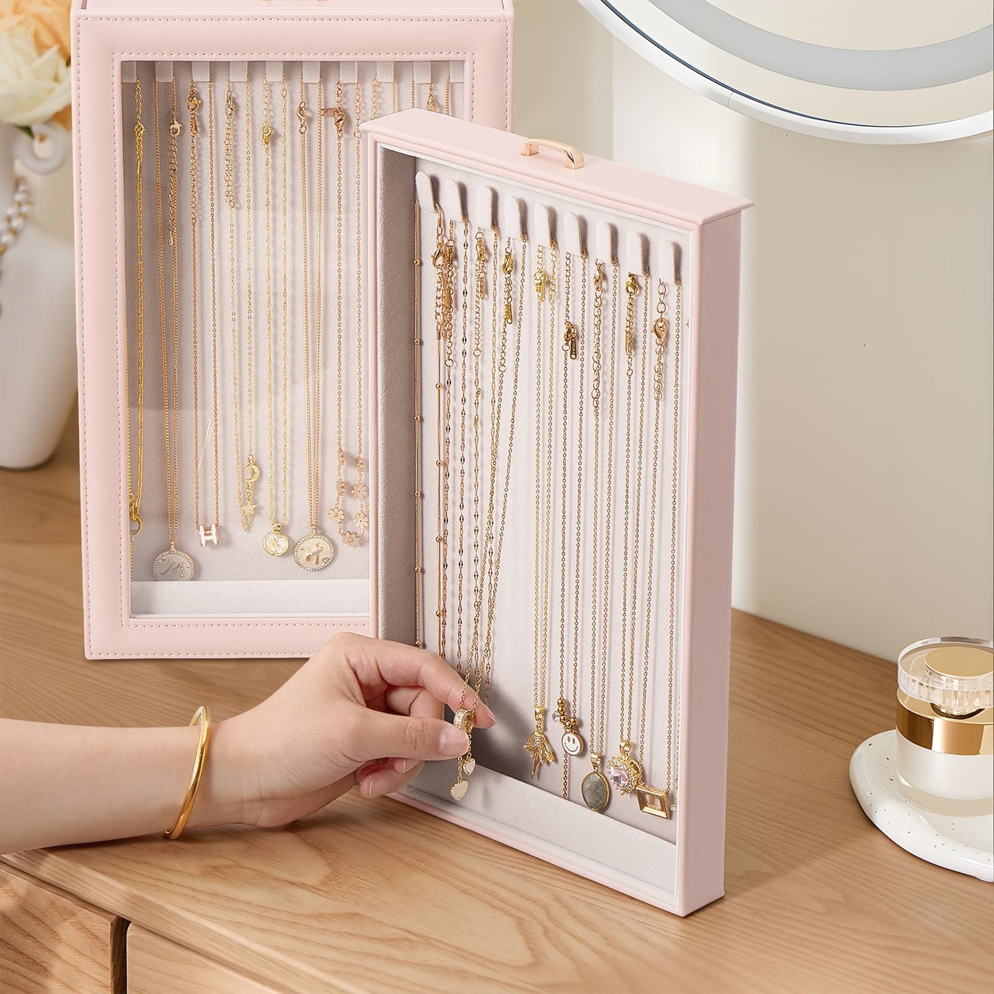 Lolalet Necklace Organizer Box, Jewelry Storage Box with Clear Window for Necklaces Bracelets, Tangle-Free Necklace Display Case for Women Girls, Pink, 2 Layers 20 Hooks