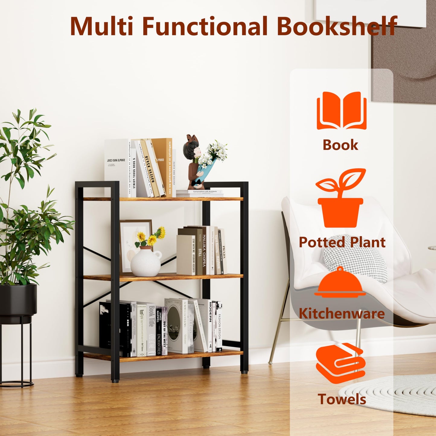 NewBeth 3 Tier Bookshelf,Storage Shelf with Steel Frame,Free Standing Open Book Shelves Storage Display Shelf