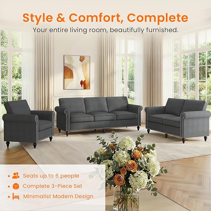 Living Room Sofa Sets 3 Piece, Modern 3 Seater Sofa and Loveseat Couch and