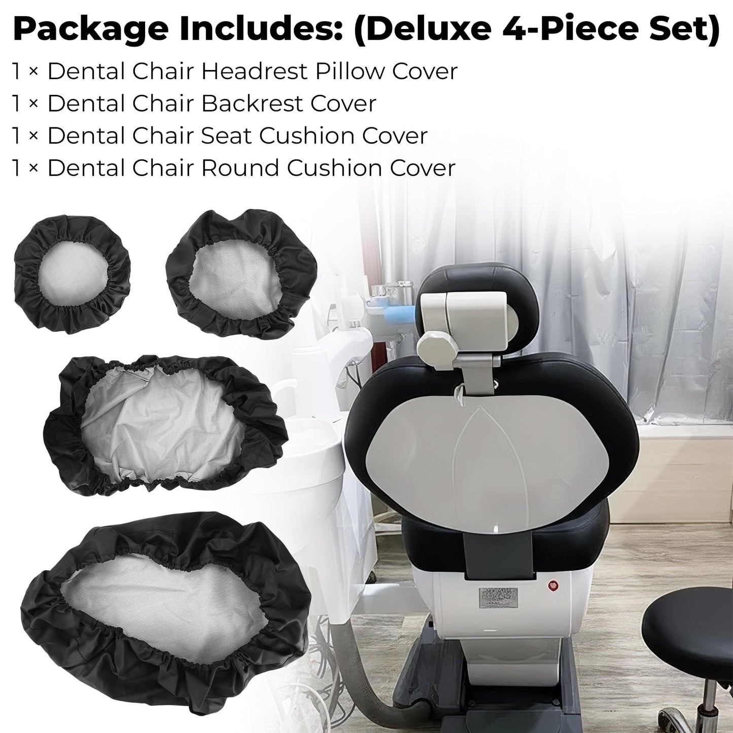 4Pcs/Set Protective Dental Chair Covers PU Leather Waterproof Elastic Seat Cover Headrest Backrest Round Cushion Protection Reusable Washable Wipeable Dentist Office Equipment Upholstery Case (Black)