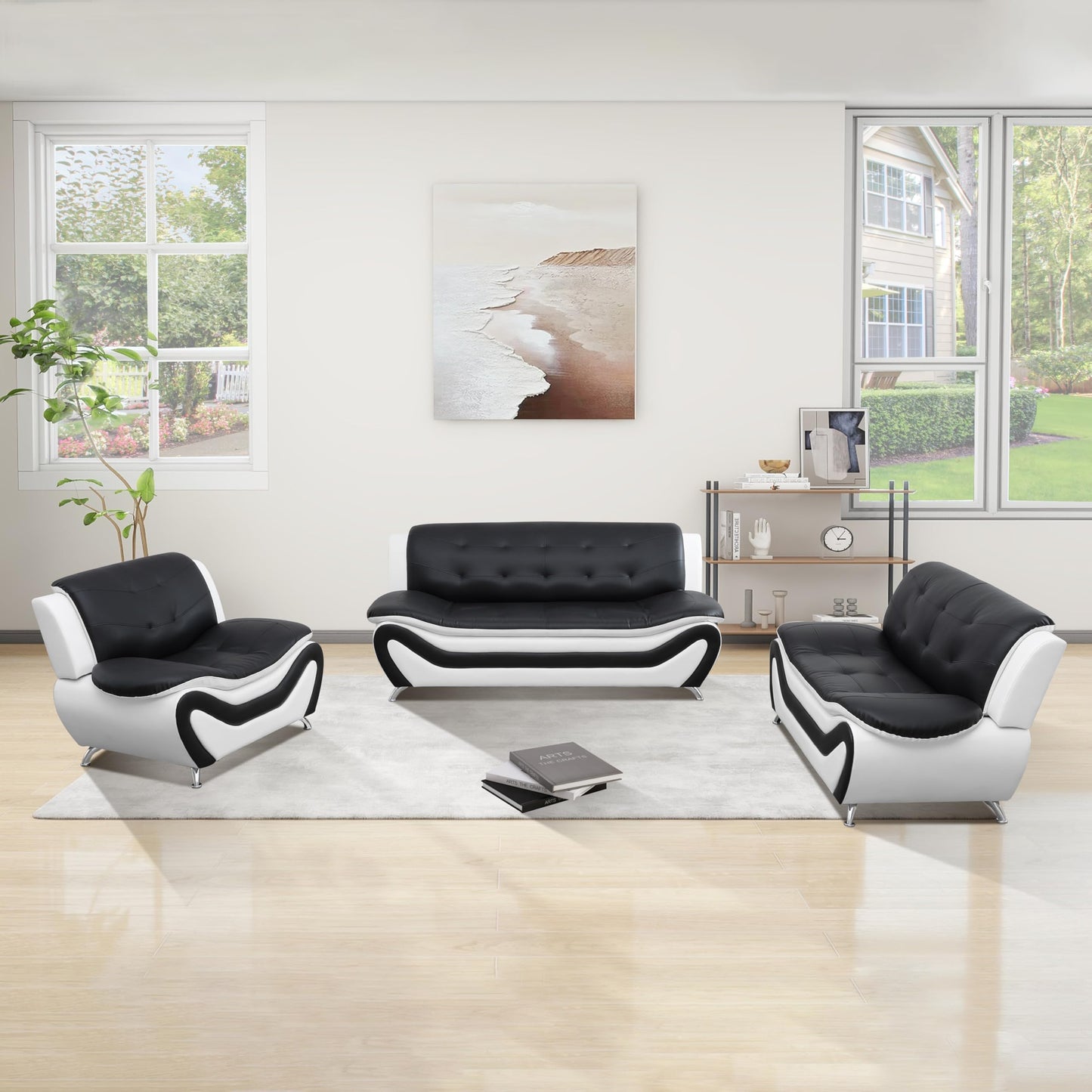 Modern 1 2 3-Piece Living Room Sofa Set, Black and White Faux Leather, Loveseat, Chair, for Apartments and Hotels