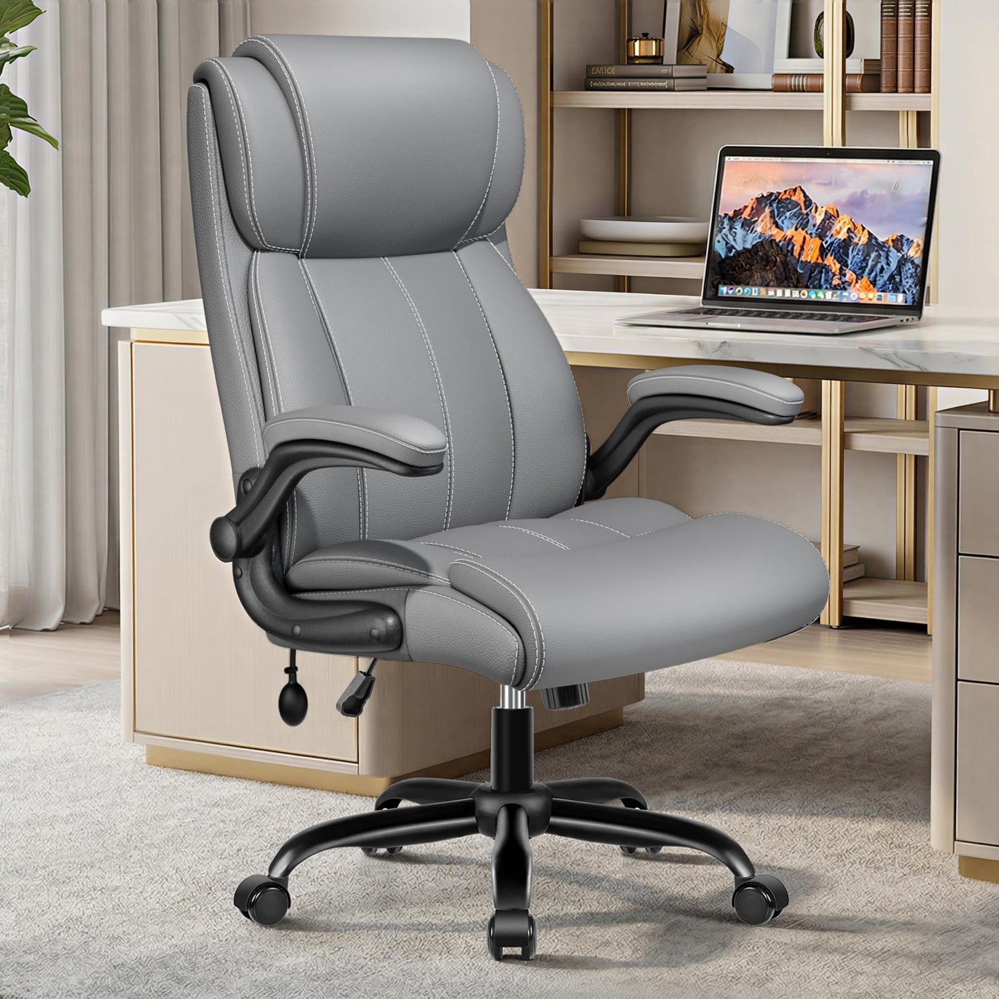 Stella Mia Ergonomic Office Chair – High Back Computer Desk Chair with Inflatable Lumbar Support & Flip-Up Arms, Heavy Duty PU Leather Executive Chair, Wide Seat, Long Hours, Light Gray