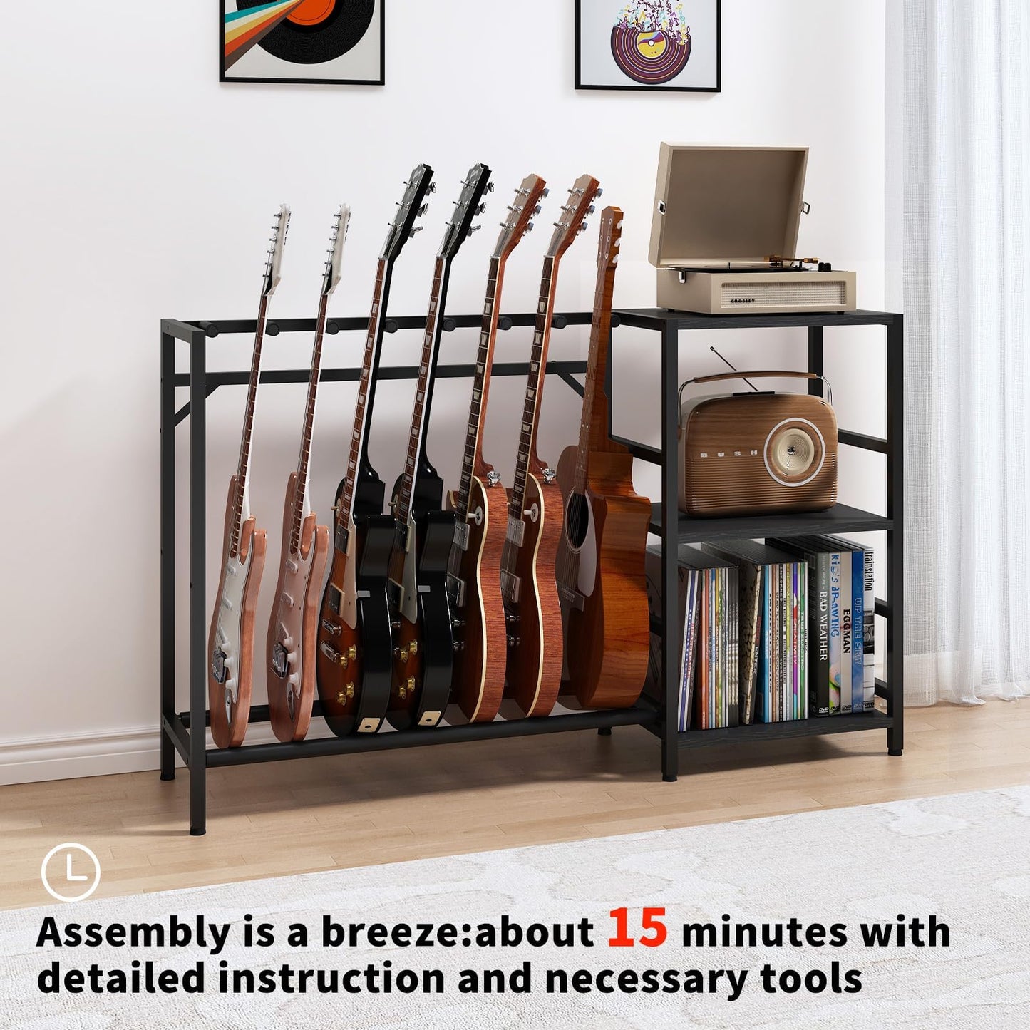 ZHNSYDN Guitar Stand with Record Player Stand, Guitar Rack with Record Player Table, Guitar Holder 7 Space for Multiple Guitars, Bass, Acoustic, Guitar Display for Home Music Studio, Black