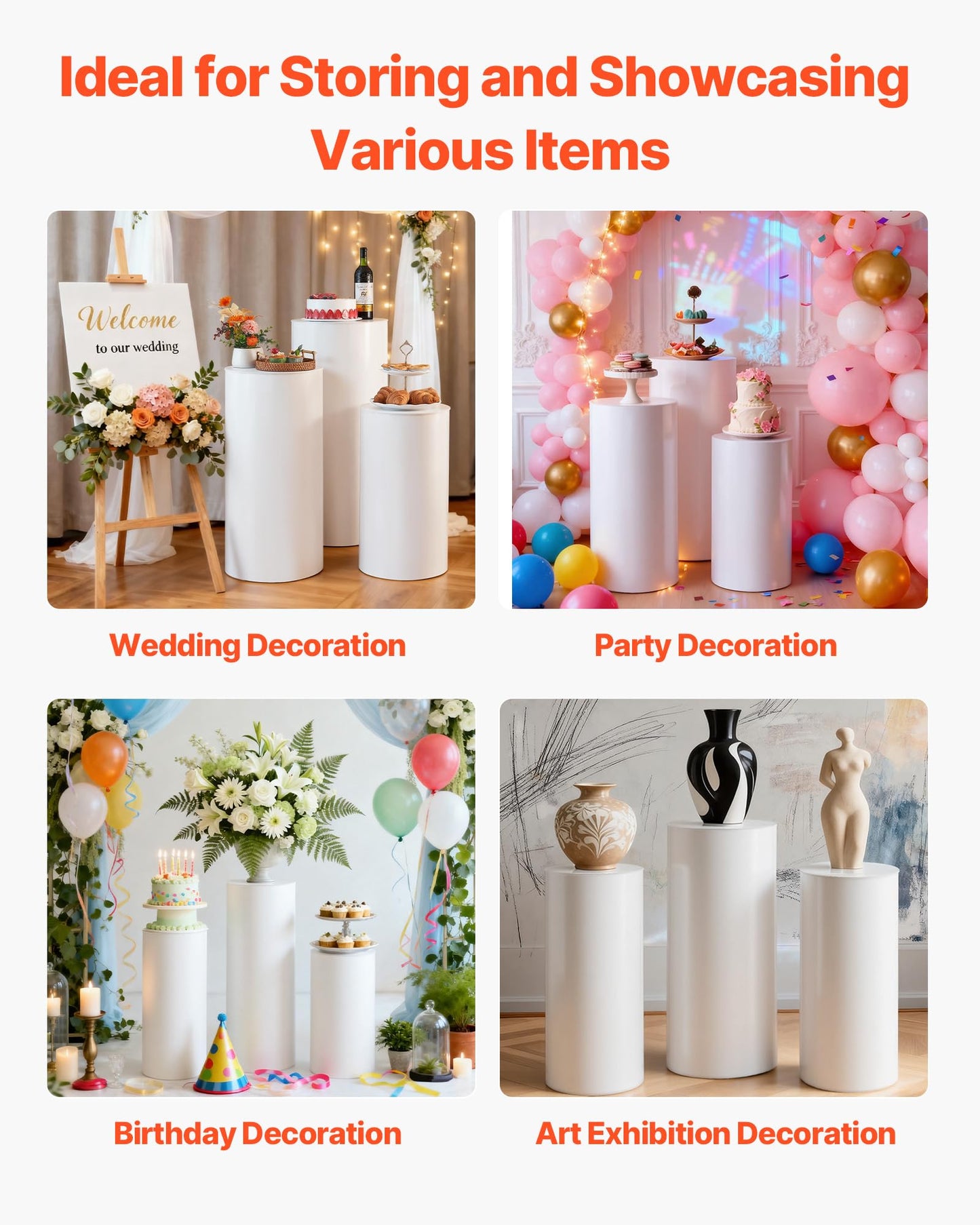 VEVOR Wedding Flower Stand, 3PCS 23.62/29.53/35.43 inch Round Cylinder Plinth, White Pedestal Stand with PVC Lid, Cylindrical Pedestal Stands for Wedding, Party, Birthday, Art Decor, 33.07 lbs Load