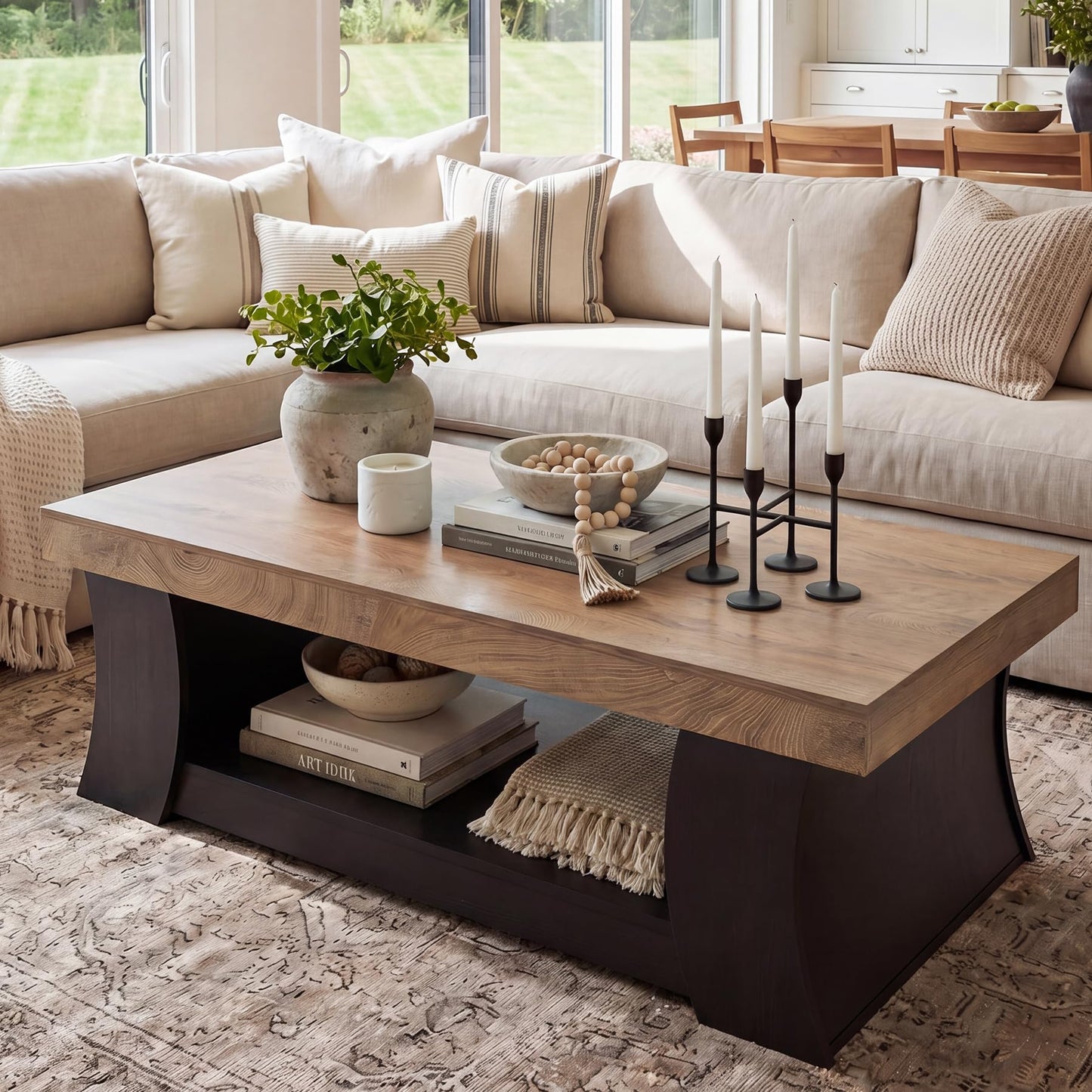 LITTLE TREE 55" Coffee Table, Living Room Table with Storage Shelf, Wooden Coffee Table, Modern Farmhouse Rectangle Center Table for Living Room, Bedroom, Office, Rustic Brown+Black