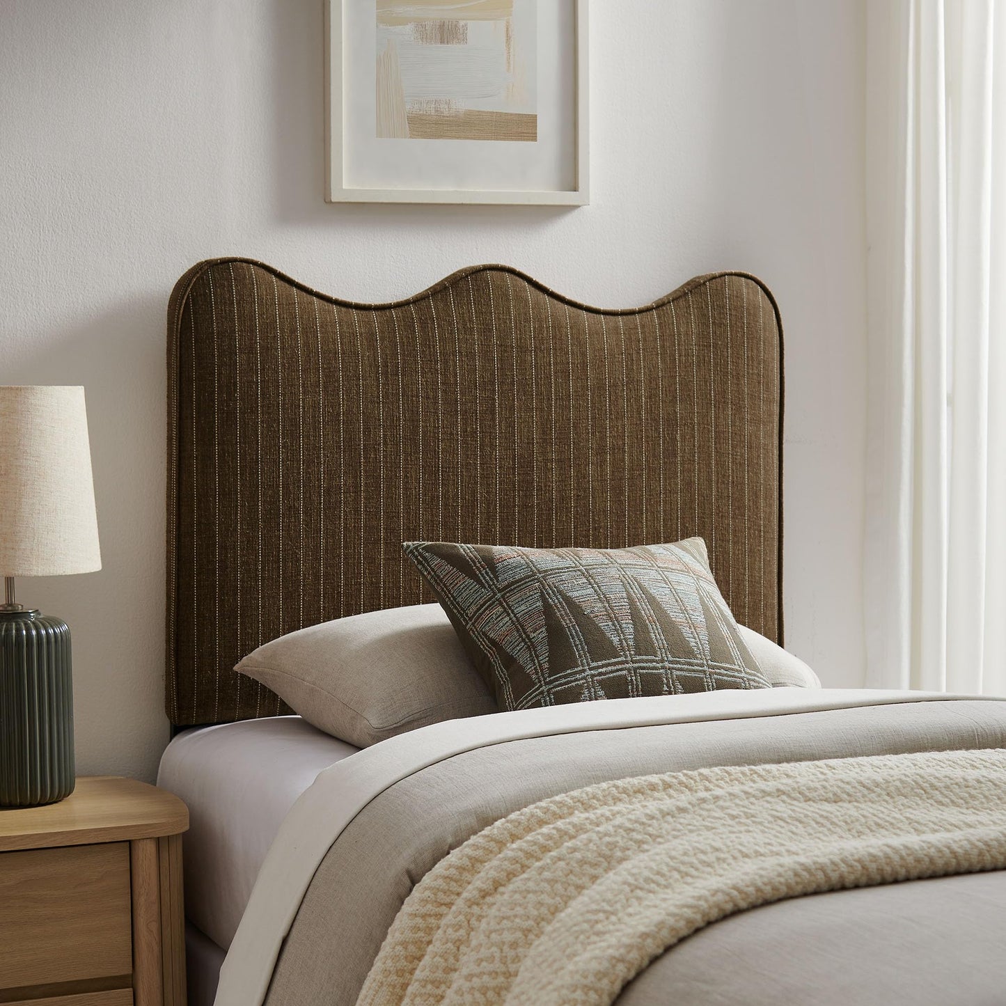 Monday Athena Striped Fabric Upholstered Twin Size Adjustable Headboard in Earth Stripe - with Scalloped Wave Design and Soft Linen-Like Fabric