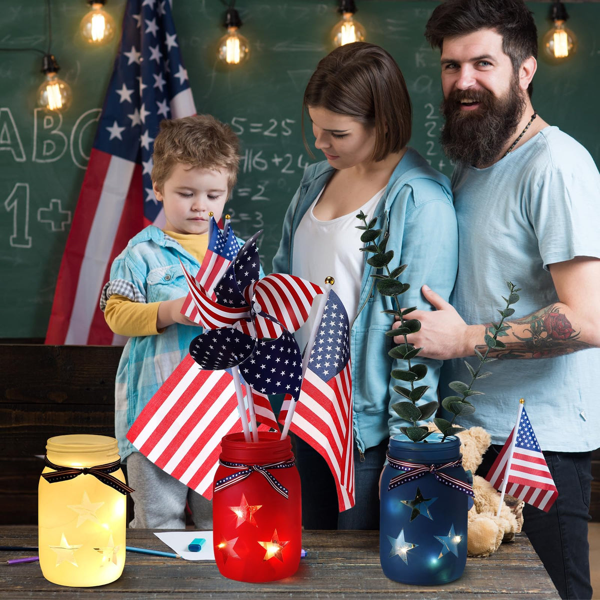 Domensi 4th of July Patriotic Table Decoration Set Rustic Mason Jar Tea Light Candle Holders with String Lights for Independence Day Centerpiece Transparent Mason Jars Labor Day Supplies