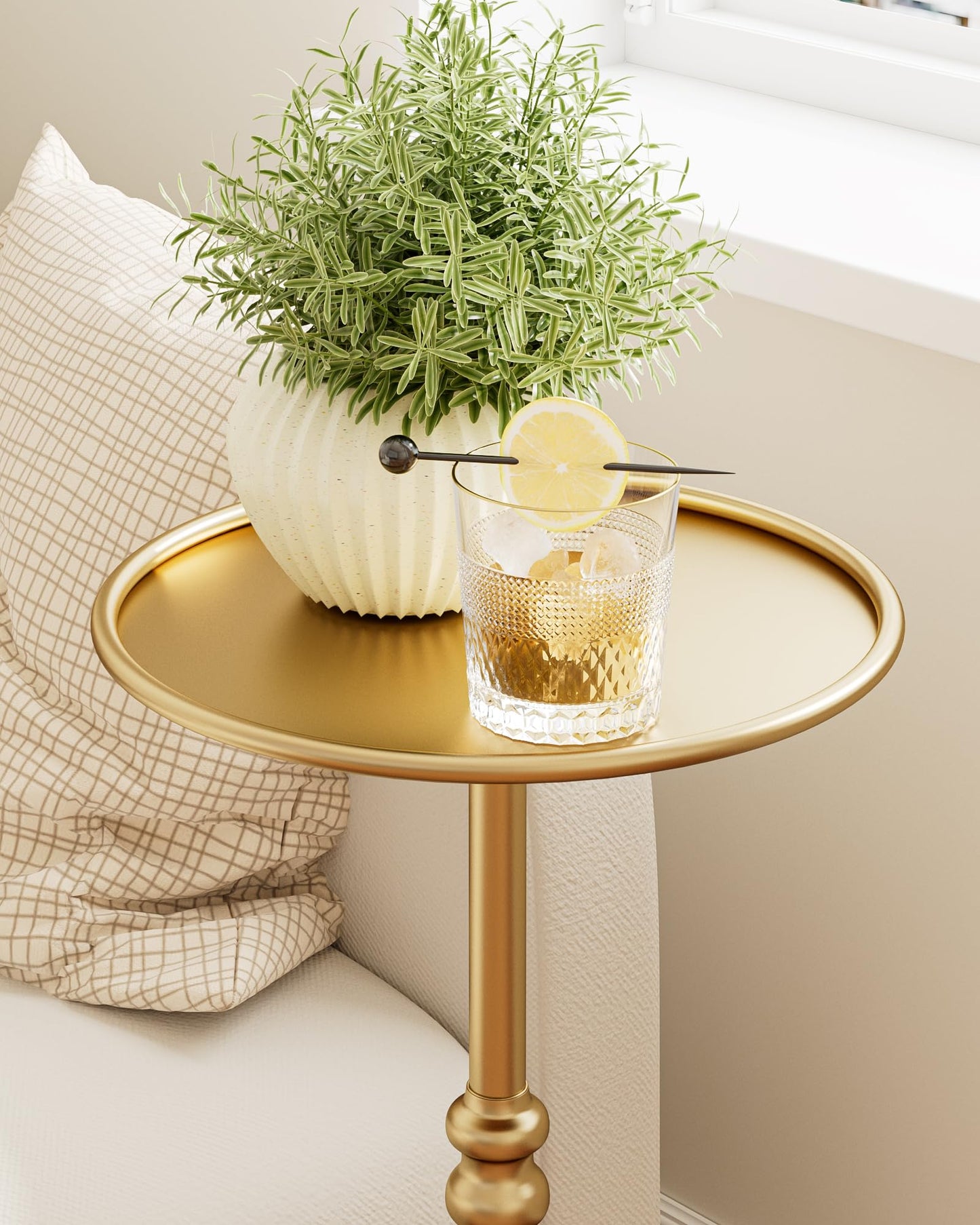 AEPOALUA Brass Distressed Iron Round Pedestal End Table, 25 Inch Vintage Martini Cocktail Accent Table with Tray Top for Living Room, Bedroom (Gold)