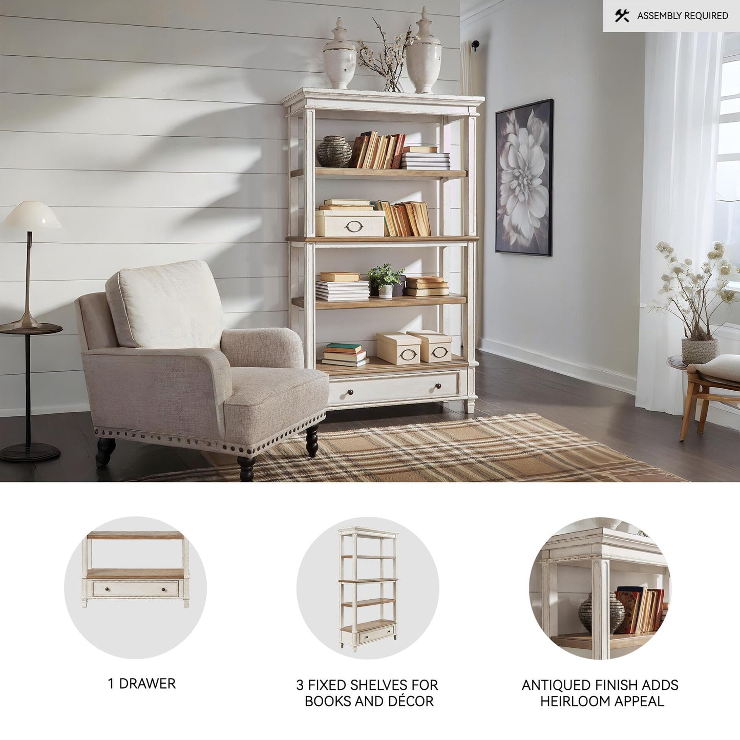 Signature Design by Ashley Realyn French Country 75" Bookcase with Drawer, Chipped White