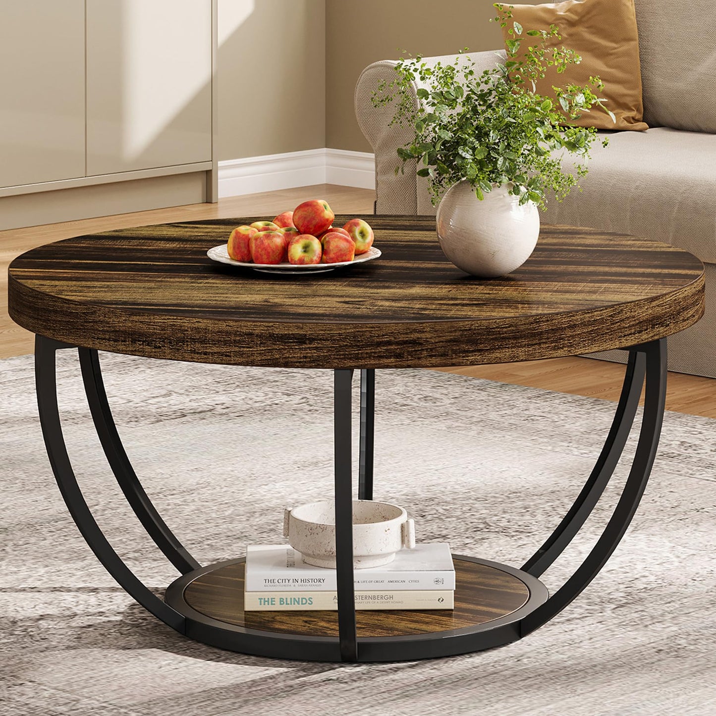 Tribesigns Round Coffee Table, 31.7" Wooden 2-Tier Circle Coffee Table with Storage Shelves, Modern Accent Cocktail Table Center Table for Living Room, Rustic Brown