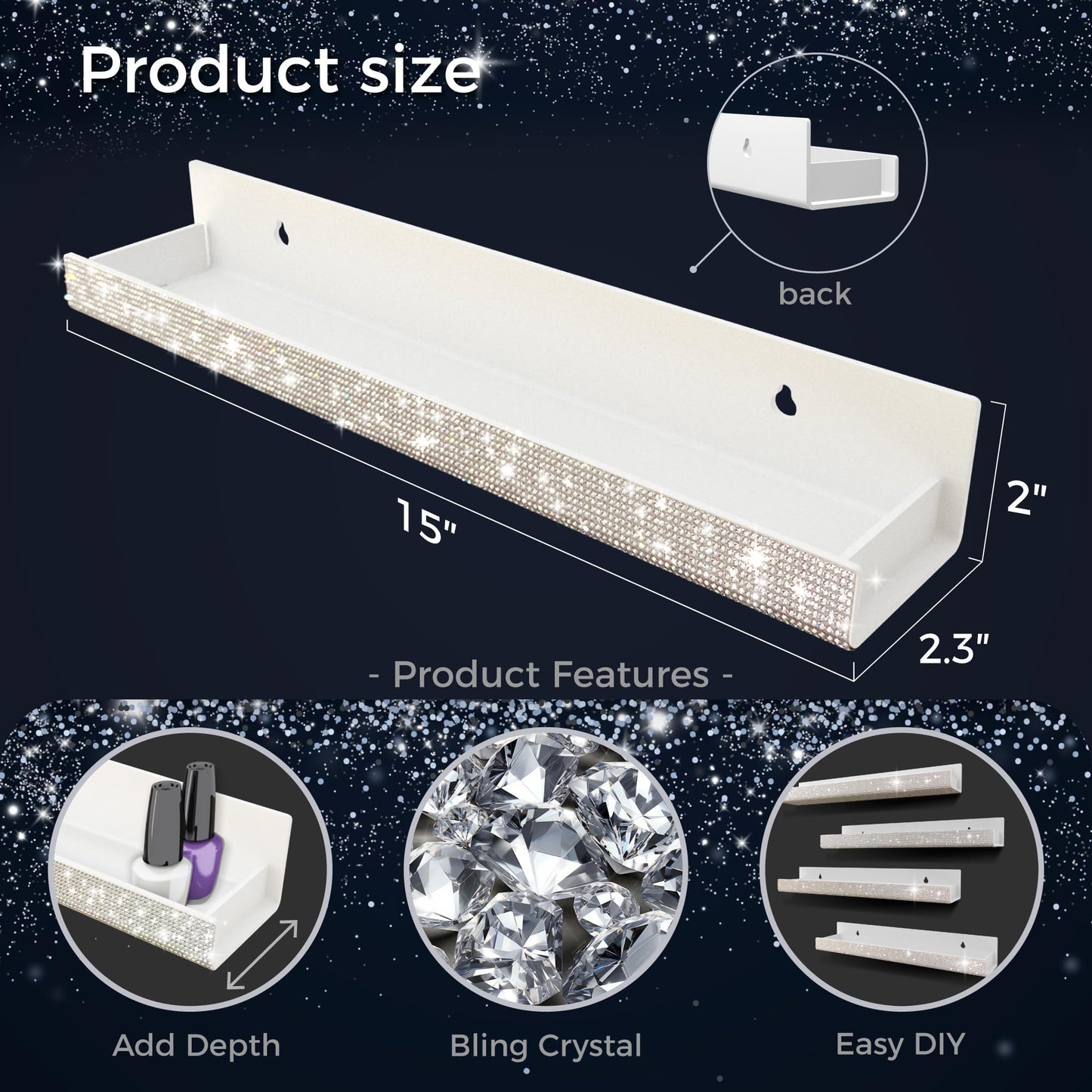 4 Pack 15 Inch Nail Polish Wall Rack，Diamond Crystal Rhinestone Acrylic Nail Polish Organizer，Sunglasses Essential Oil Picture Display Storage Wall Shelf