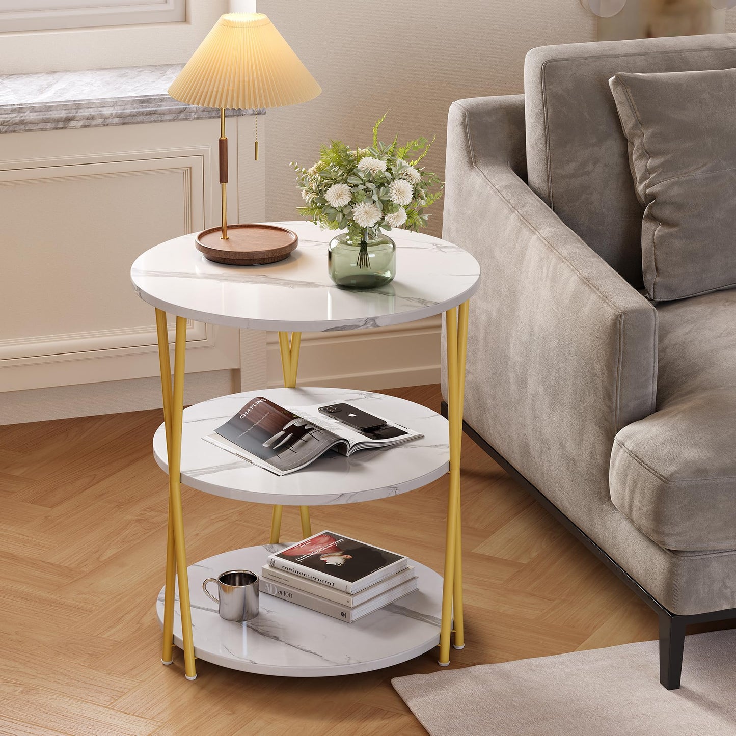 Lumbershed 23 Inch Round Side Table 3-Tier End Table Living Room Small Patio Table Nightstands Round Coffee Table Spacious Top for Couch Bedroom 3 Storage Shelves Accent Coffee Table, Marble White