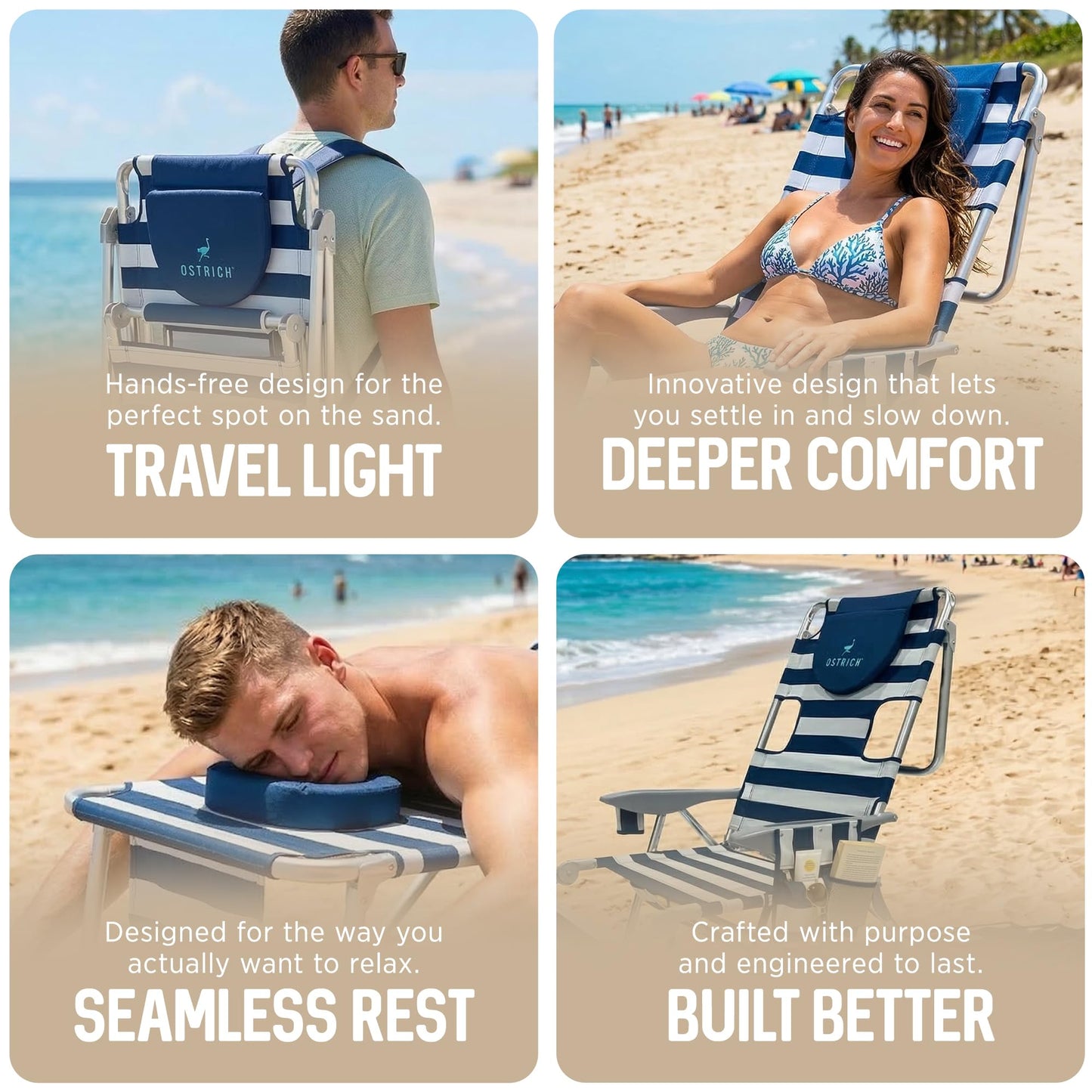 Ostrich the Backpack 3N1 Portable Chair with Cooler Bag and Reclining Lounger for Tanning, Camping, Beach, and Outdoor Essential, Blue Stripe