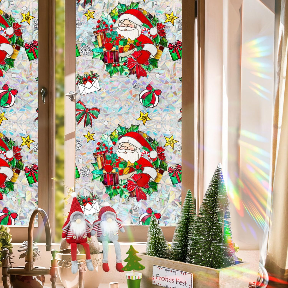 Christmas Window Stickers for Glass Rainbow Privacy Film Stained Stickers Santa Claus Window Film Christmas Balls Design Windows Decals for Home Party Supplies Glass Display Decor 17x 39.3 Inch