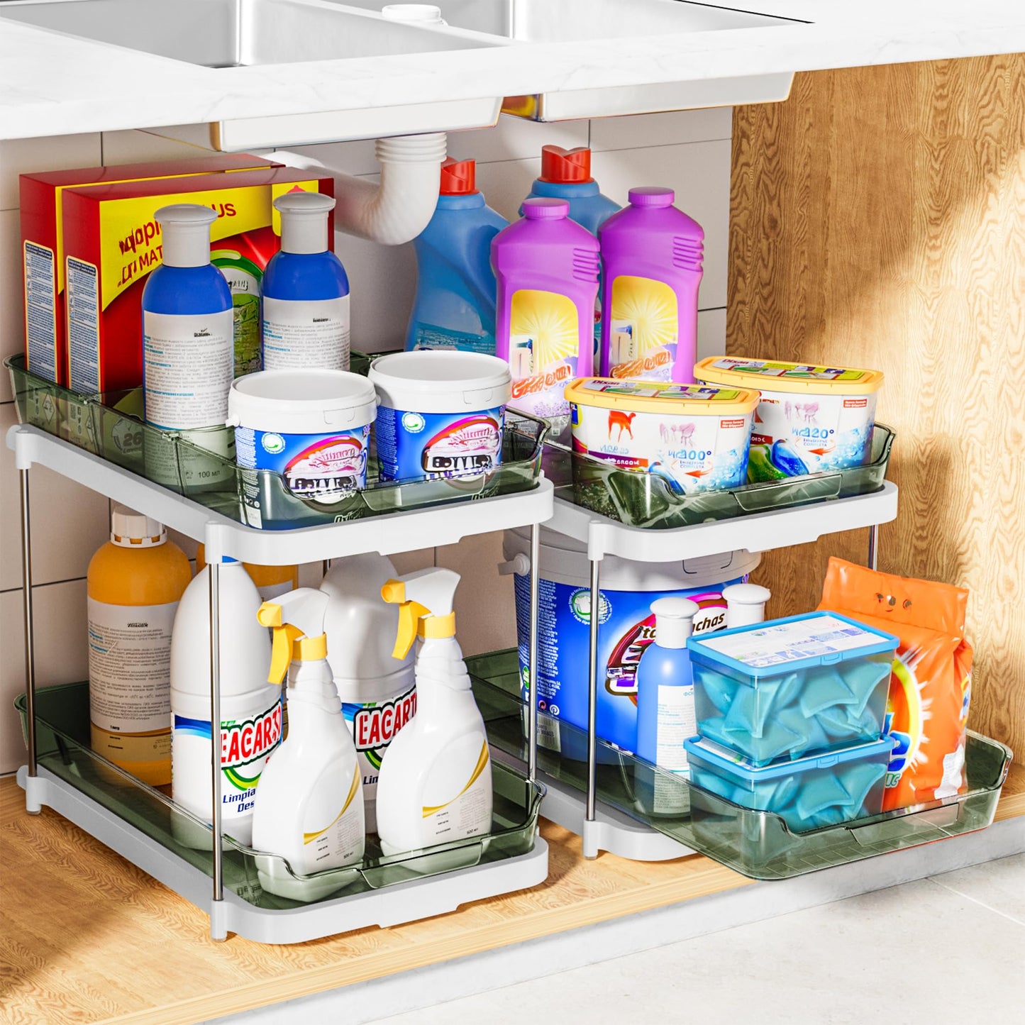 Delamu 2-Tier Multi-Purpose Bathroom Under Sink Organizers and Storage, Stackable Kitchen Pantry Organization, Pull Out Medicine Cabinet Organizer with Movable Dividers, Light Green, 2 Pack