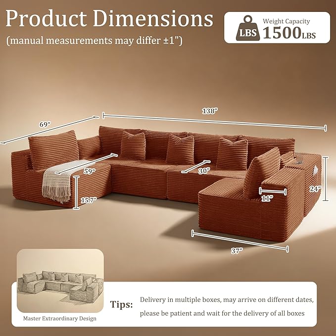 138" Cloud Sectional Couch, Comfort U Shaped Sofa