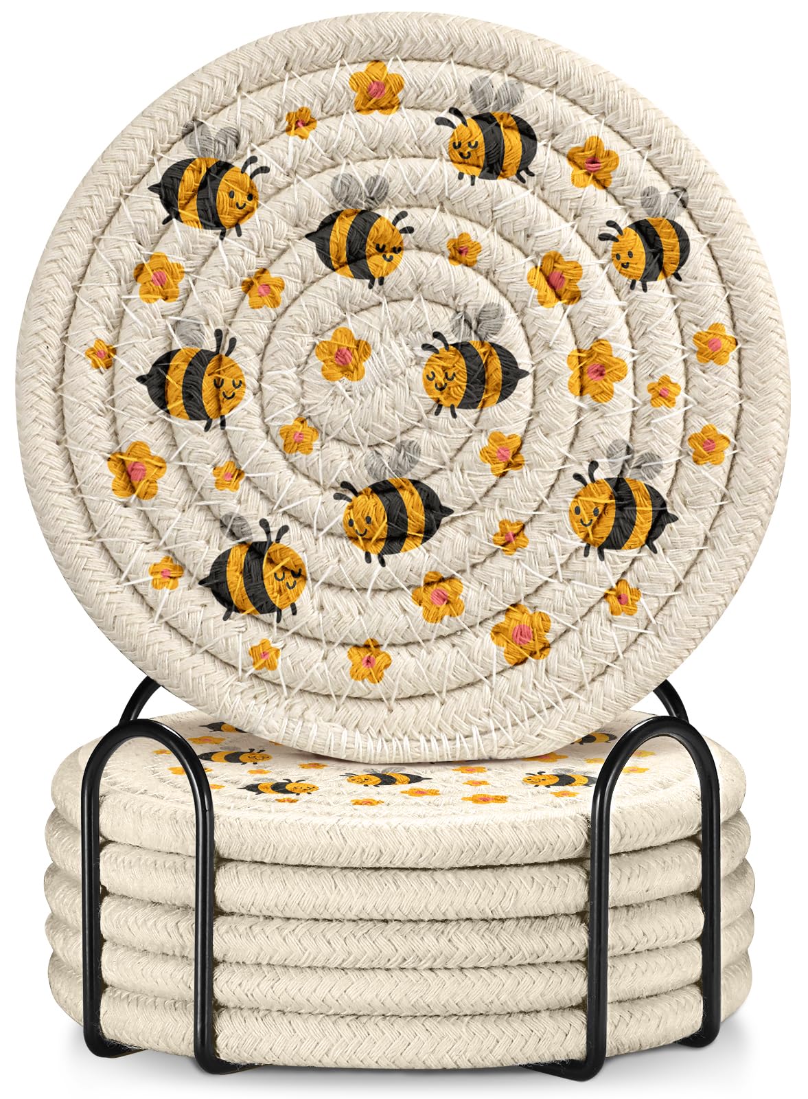 Kokaaee Drink Coasters Set of 6 - Cup Absorbent Coasters for Drinks Coffee Table Home Office Desk Decor Soft Woven Cotton Cloth Braided Fabric Drinking Cup Mat with Holder Cute Kawaii Bee