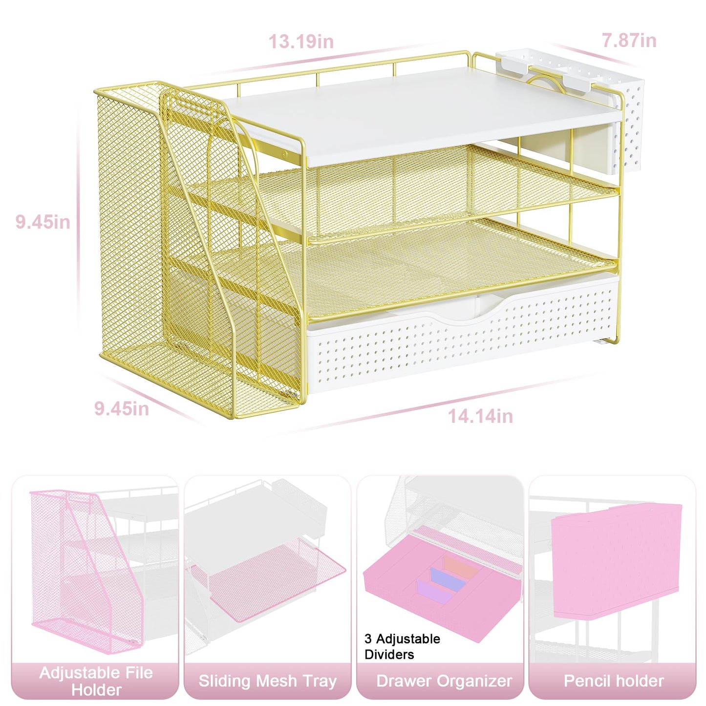 gianotter Wood Desk Organizers and Accessories with File Holder, 4-Tier Desk Accessories & Workspace Organizers with Drawer and Pen Holder, Desk Reference Organizer (Gold, 4T with Drawer)