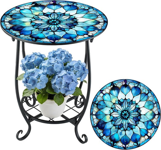 Cinnvoice Outdoor Side Table Round Small Mosaic Patio Accent Indoor End Plant