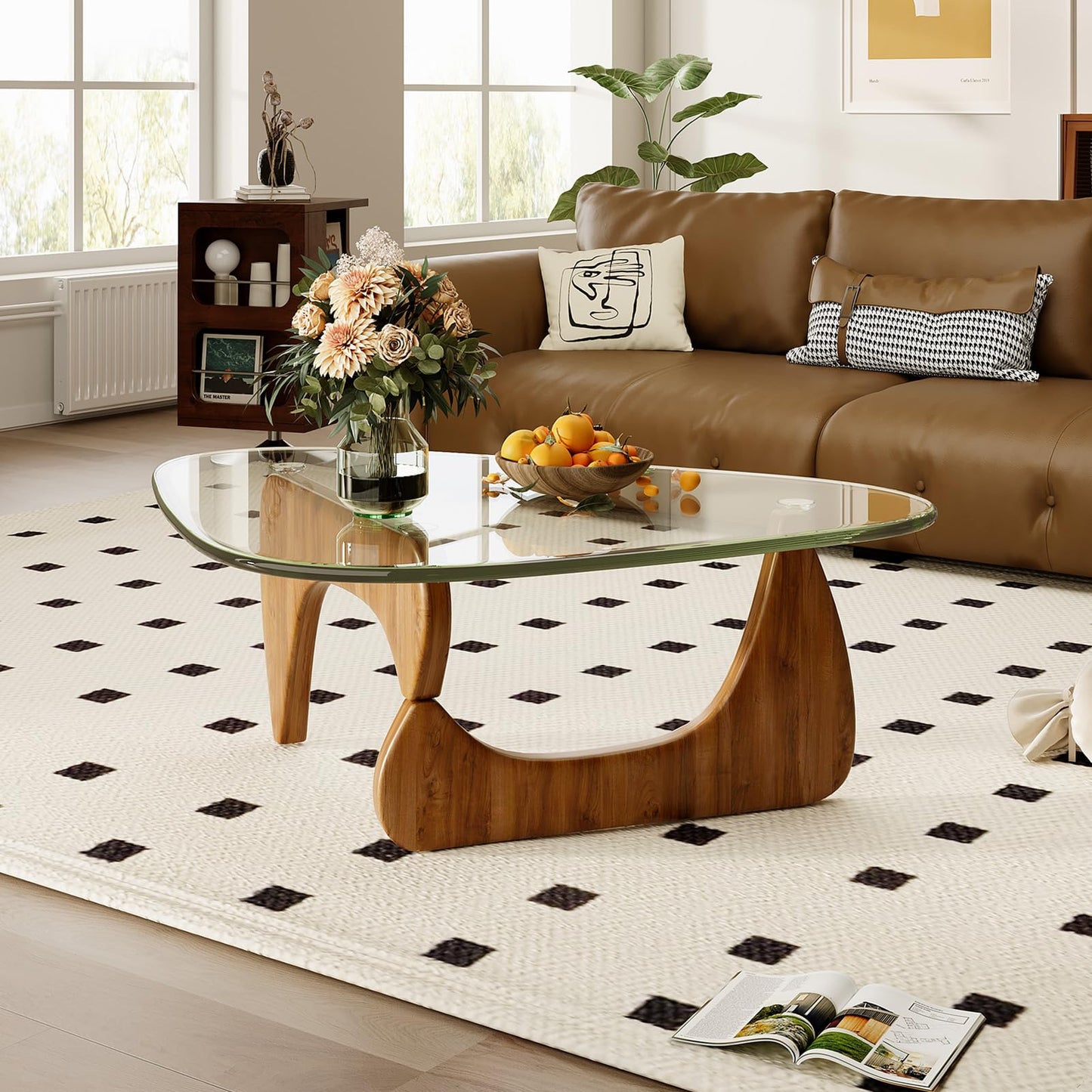 JCAJCA Coffee Table for Living Room Mid Century Modern Center Table with Glass Top and Wood,36 Inch, Transparent/Walnut