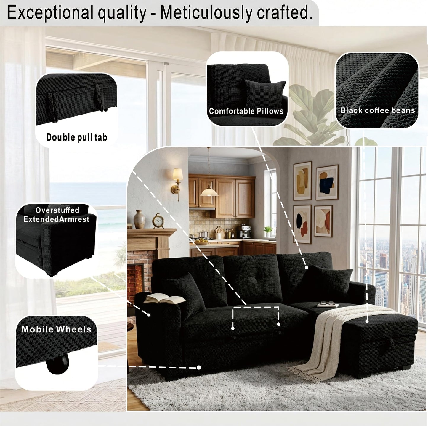 WuerQi 71" Sofa Bed with Queen Size Pull Out Couch, Sectional Sleeper Sofa with Reversible Storage Chaise, L Shaped Couch for Living Room, Apartment and Small Spaces (Black-L)