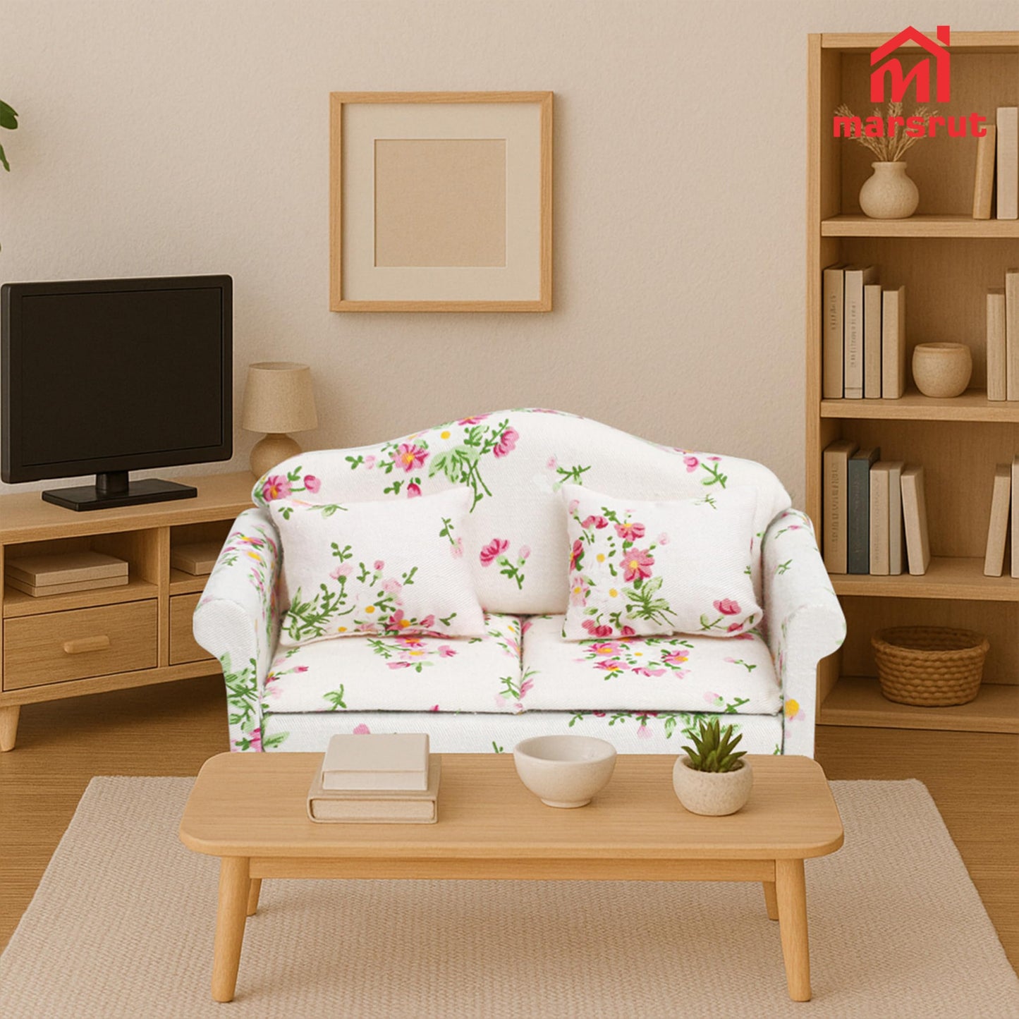 1:12 Scale Dollhouse Couch Sofa Set with Pillows for Living Room, Mini Wooden Upholstered Armchair Furniture Model, Modern High Simulation Fabric Artificial Scene Decoration Accessories, Pink Floral