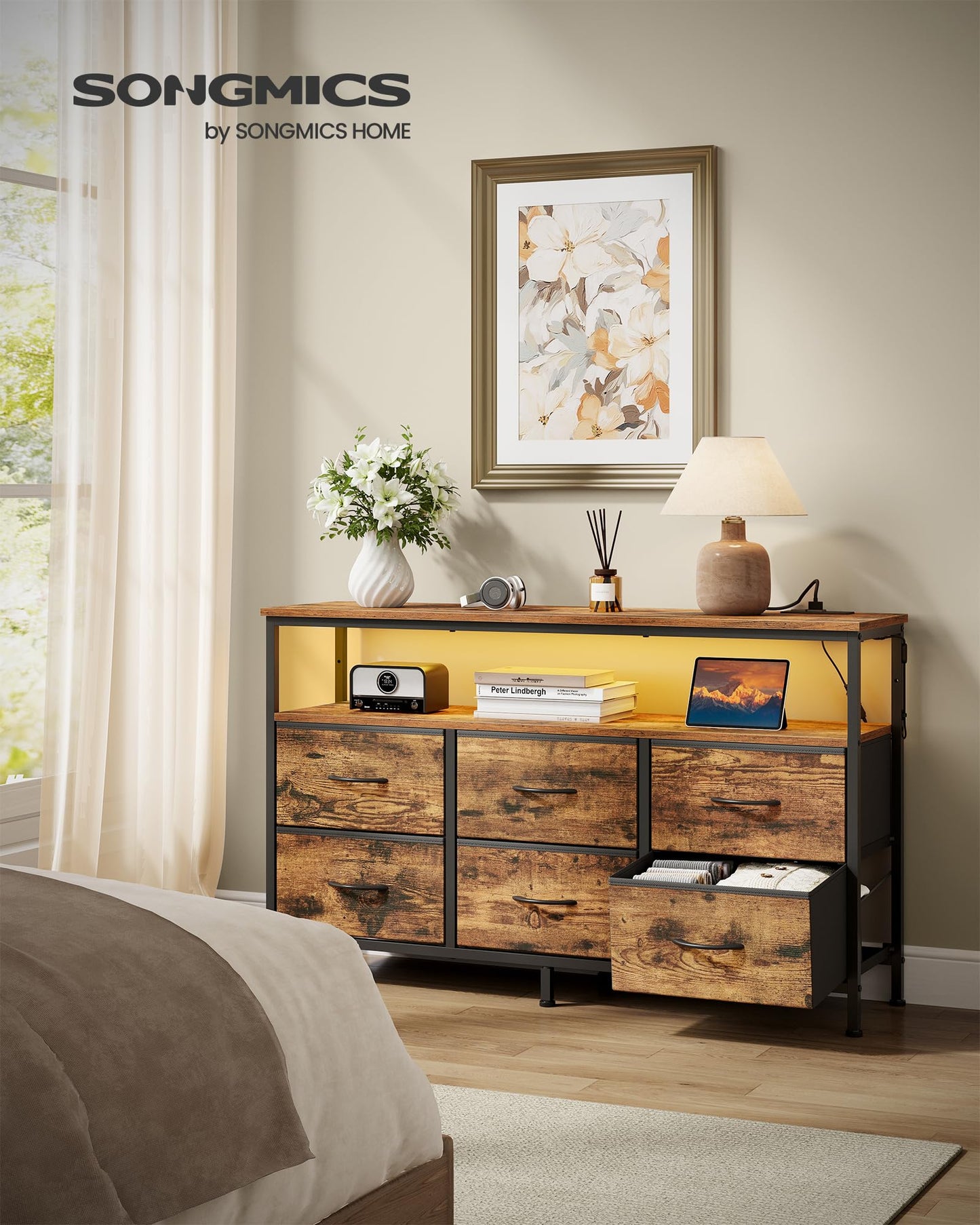 SONGMICS BELLAH Collection - Dresser for Bedroom, Chest of Drawers, TV Stand for TVs Up to 55 Inches, Living Room, Closet, 6 Drawers and 1 Shelf, Industrial, Rustic Brown and Ink Black ULGS833KD02S