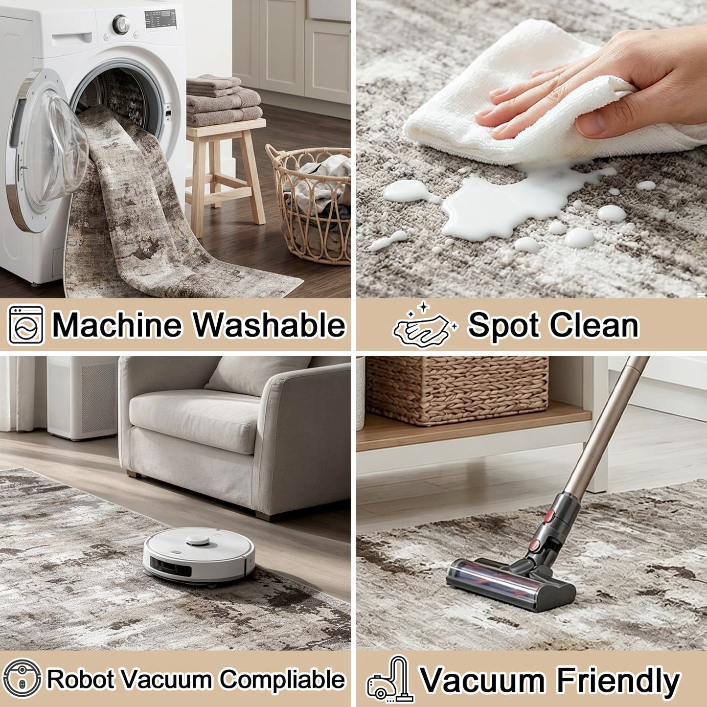 Cnythlis Washable Abstract Area Rug, Robot Vacuum Compatible, 0.3" Low Pile, Non-Slip Cotton-Backed with Silicone Backing, for Home Office Under Desk Dining Room, 5'x7', Neutral Taupe