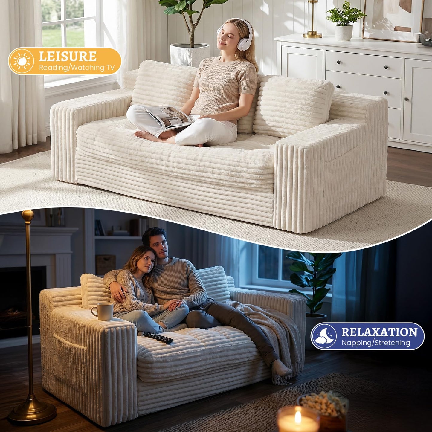 NLDD Boneless Couch, Cloud Loveseat Sofa Corduroy Couch in a Box, Upholstered Boneless 3 Seater Couch for Living Room Bedroom Office Apartment, No Assembly Required, Beige