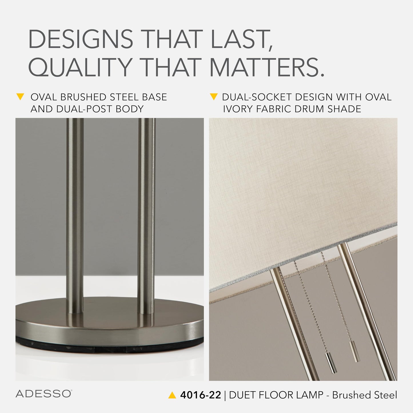 Adesso Brushed Steel Floor Lamp with Ivory Fabric Shade – Dual Pull Chain, Double Socket Design Accent Light for Bedroom, Living Room, or Home Office, 62” Tall