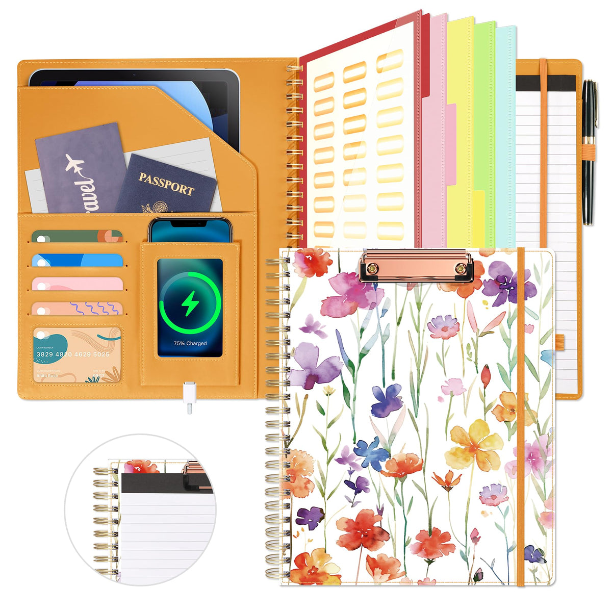 Ospelelf Clipboard with Storage for Women, Leather Padfolio Portfolio Organizer 5 Folders with 10 Pockets, Spiral Clipboard Folio with Notepad for Letter Size, Elastic Closure and Pen Loop Flowers