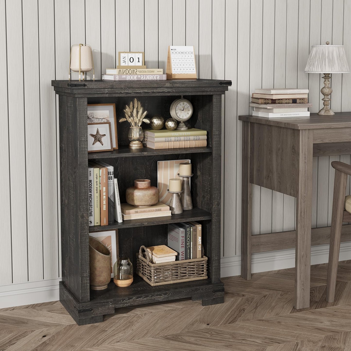 HOTLUU 3-Tier Farmhouse Bookshelf, Book Shelf with Open Storage & One Adjustable Shelf, 9.8" D x 26" W x 38" H, Wooden Bookshelf for Study Room, Living Room, Kitchen, Bedroom (Black)