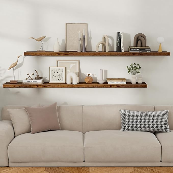 Fun Memories Floating Shelves for Wall, 72 Inch Long Set of 2 Rustic Wood Wall