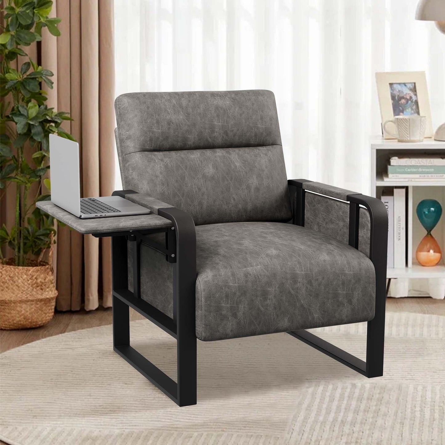 Apeaka PU Leather Accent Chair, Modern Armchair with Foldable Table Upholstered Side Chairs for Living Room Bedroom Office Chair Grey
