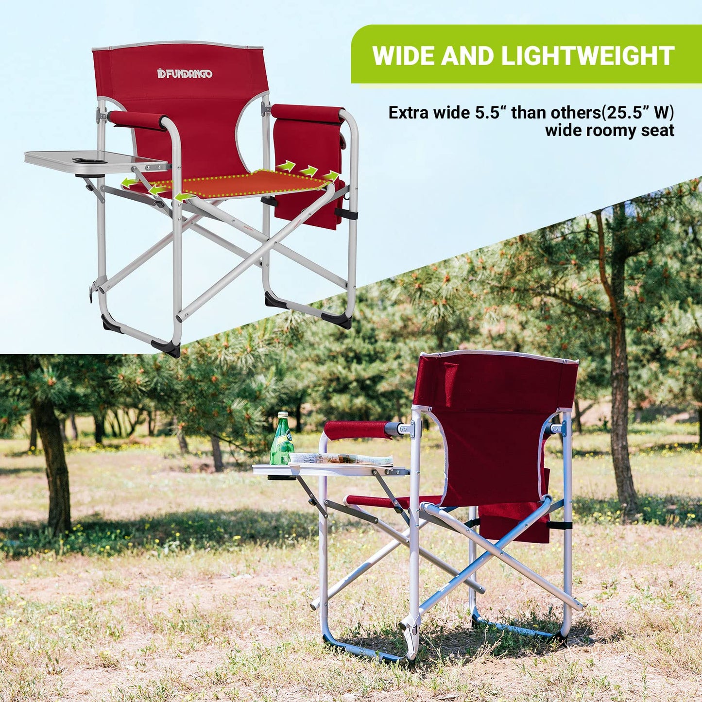 FUNDANGO Camping Chair with Side Table,Camping Director Chair with Armrest,Lawn Chair for Camping Fishing Picnic (Wine RED)