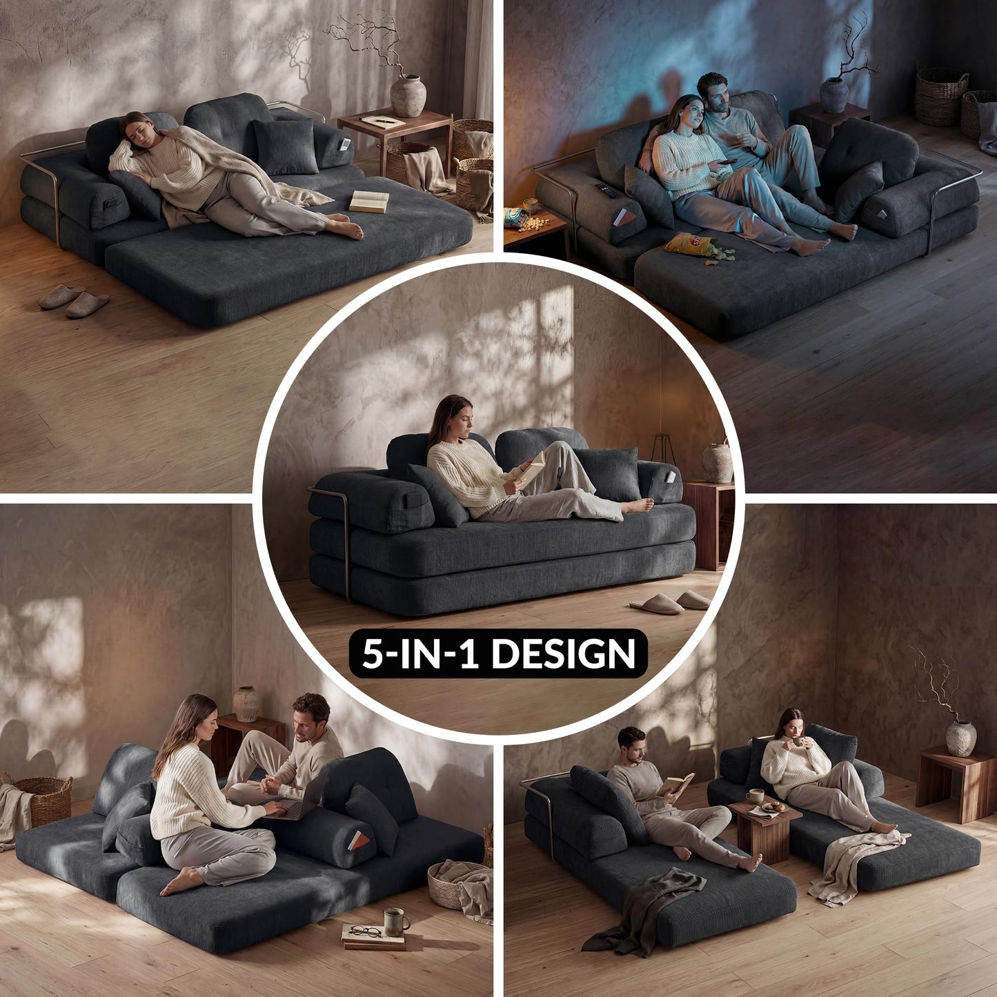 YasuSoofa Boneless Floor Sofa, 3-in-1 Convertible Loveseat Sleeper Futon, Modular Small Space Sofa Bed with High Headrests & Side Storage Pockets for Living Room, No Assembly, Bedroom, Apartment