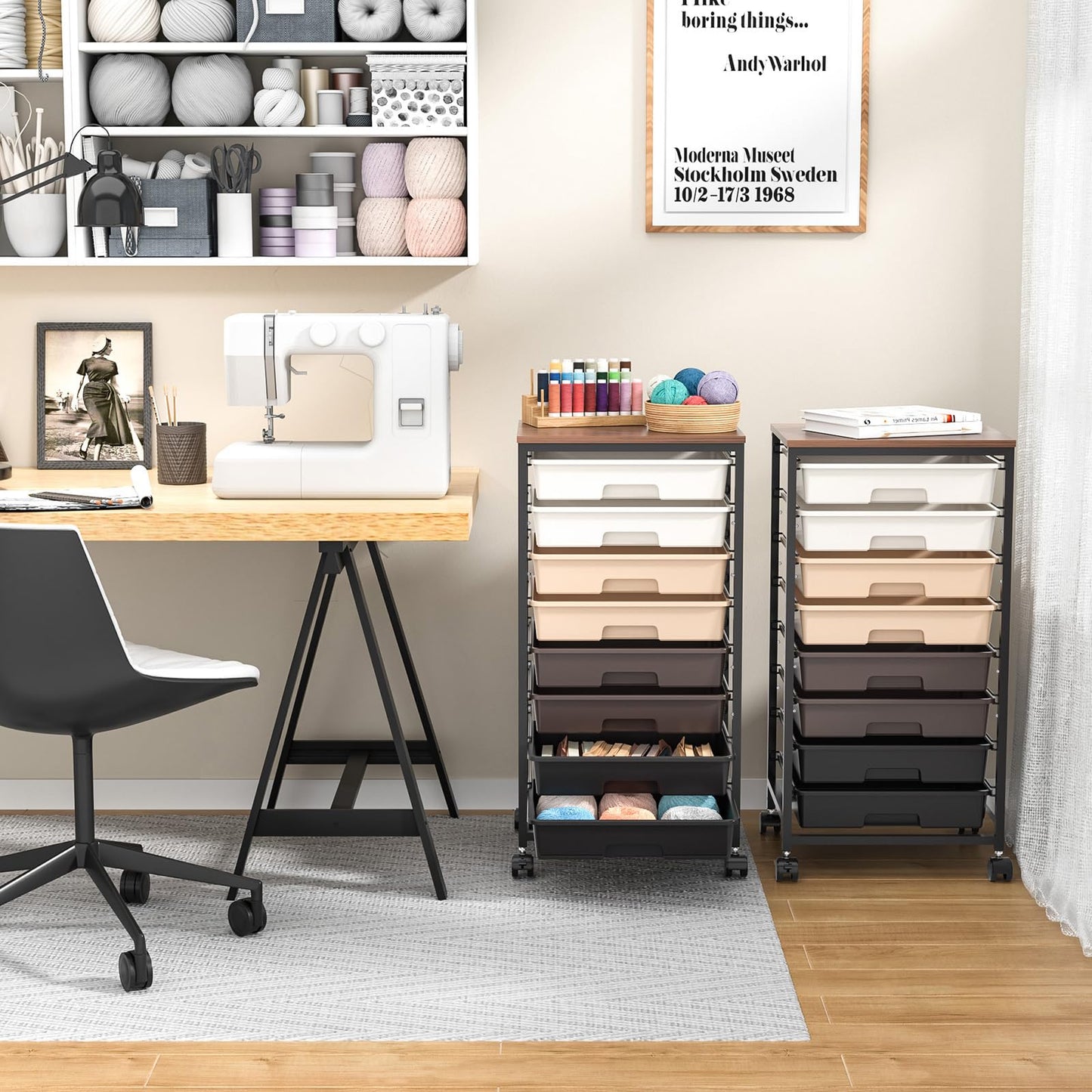 SYKIARIOL Rolling Storage Cart with Drawers, Rolling Drawer Cart and Wooden Tabletop,Storage Drawer Cart for Living Room,Classroom,Bedroom,Bathroom,Dorm,Office,Brown Gradient