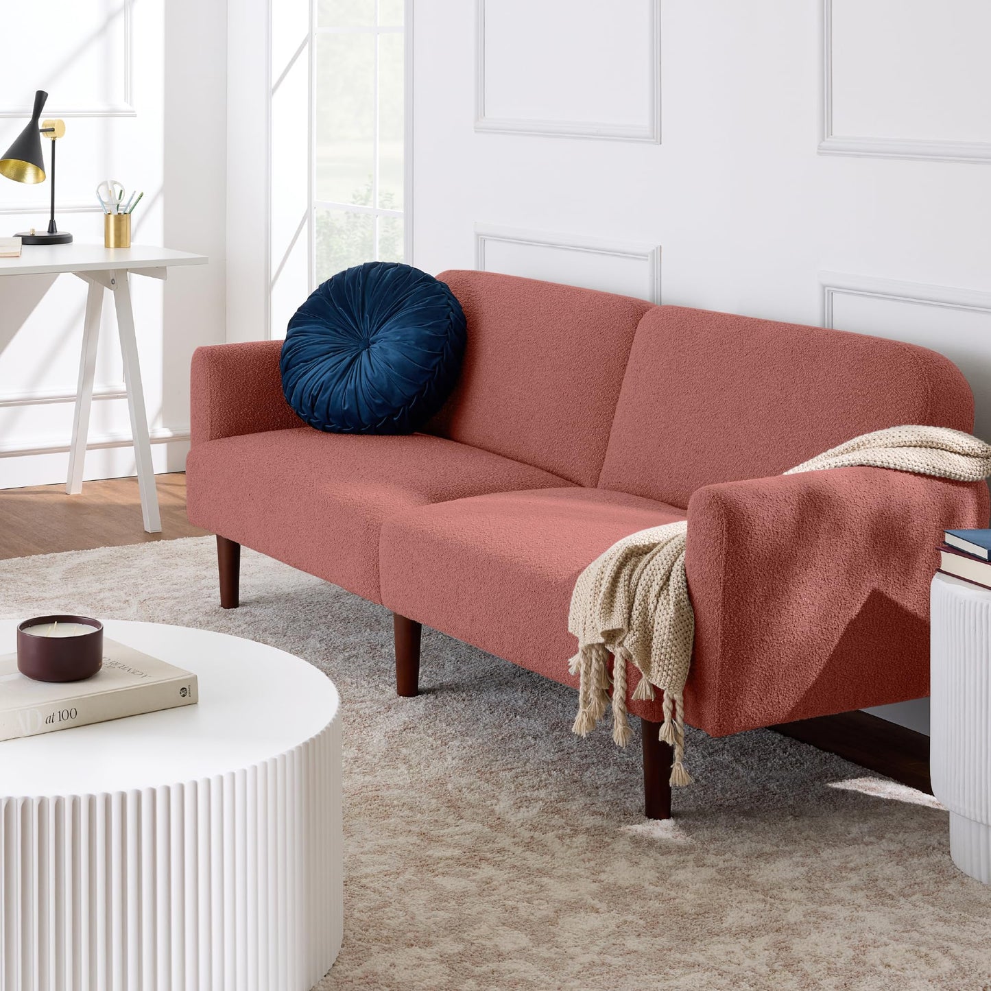 Best Choice Products 77" Mid Century Modern Boucle Loveseat Sofa, Couch, Convertible Sofa Sleeper Bed w/Real Wood, Removable Armrest - Mauve