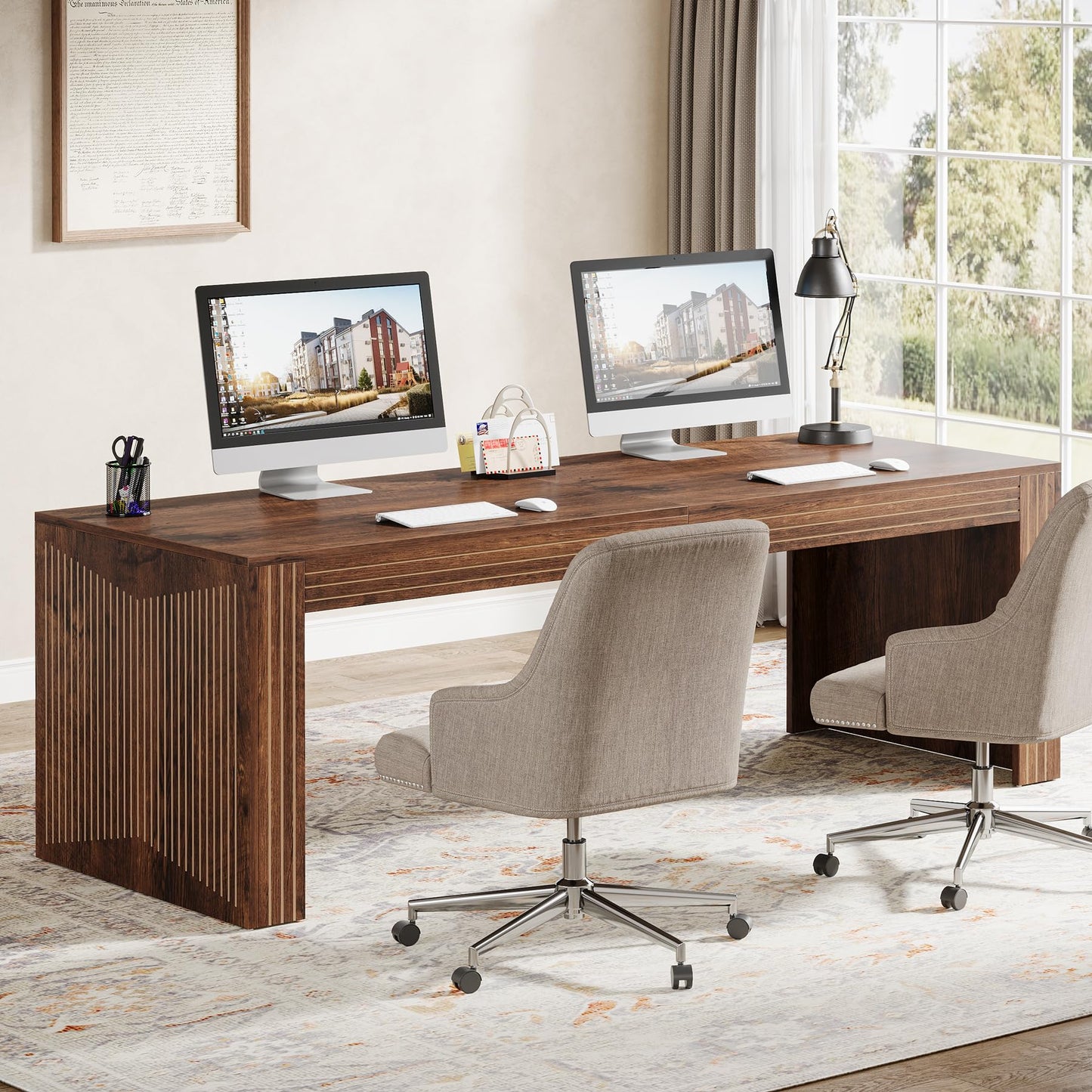 Tribesigns 79-Inch Extra Long Desk, Two Person Double Desk for Home Office, Wooden Long Computer Desk Writing Table for Office, Coffee Brown