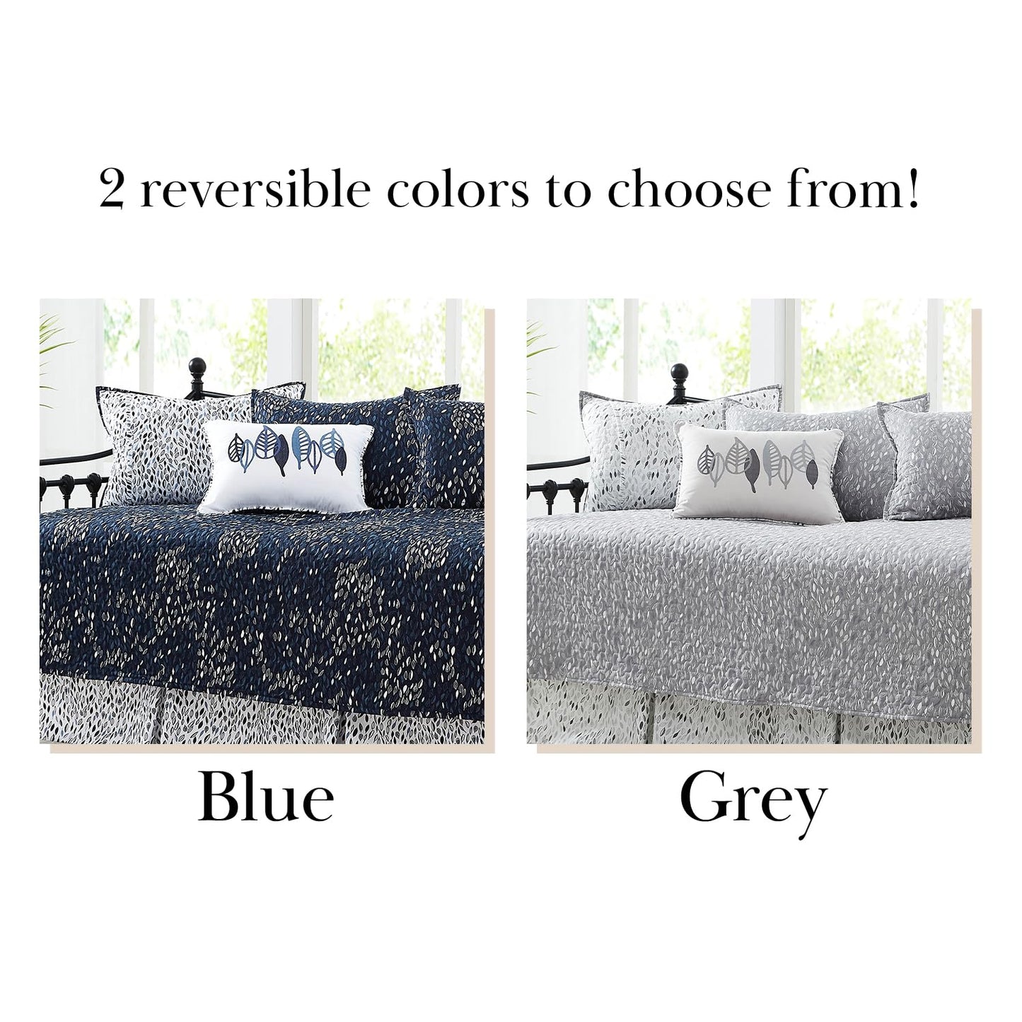 Southshore Fine Living, Inc. Twin Daybed Comforter Set, 6-Piece Bedding Set with Daybed Cover, 3 Pillow Shams, Bed Skirt, Throw Pillow - Twin Day Bed Quilt Set, Botanical Leaves Grey